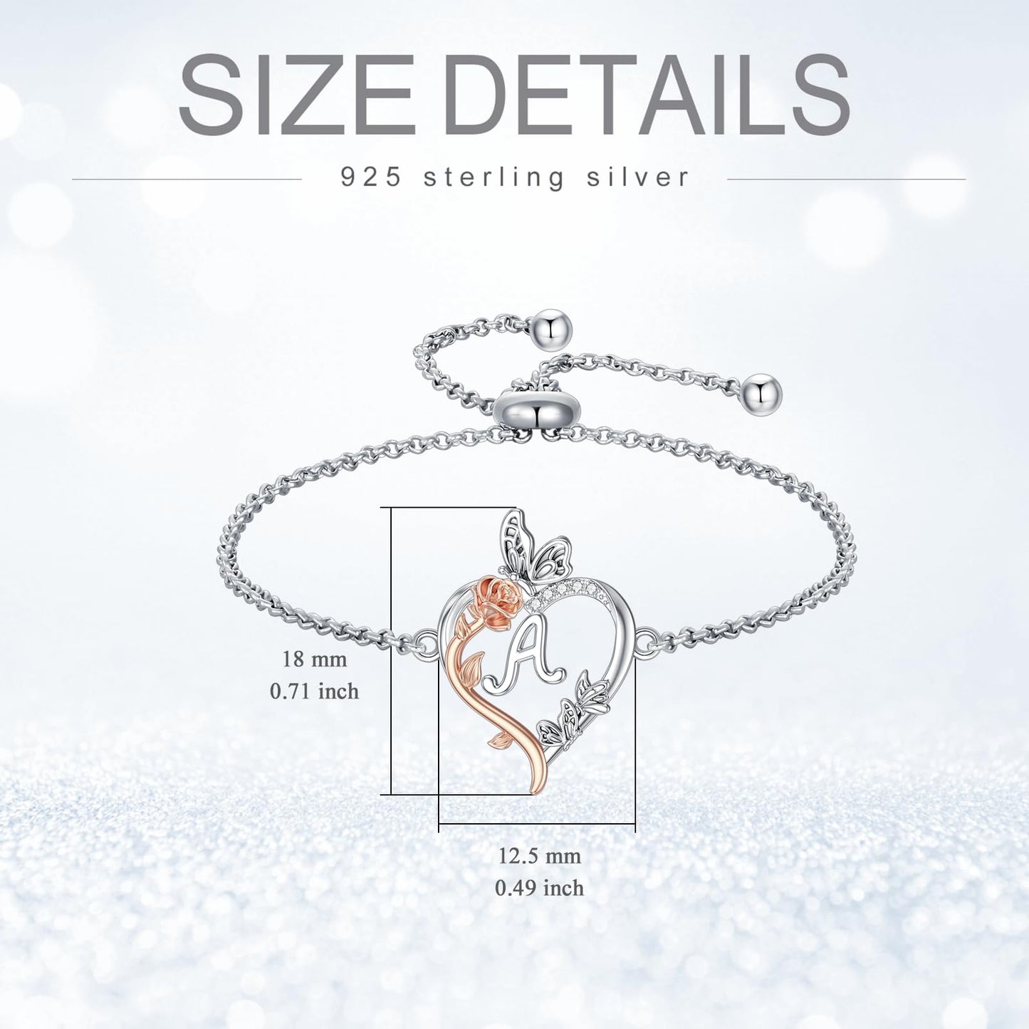 TOUPOP Rose Heart Bracelet for Women Sterling Silver Heart Initial A Letter Bracelet Butterfly Love Jewelry Anniversary Birthday Mothers Day Gifts for Mom Wife Her Girlfriend