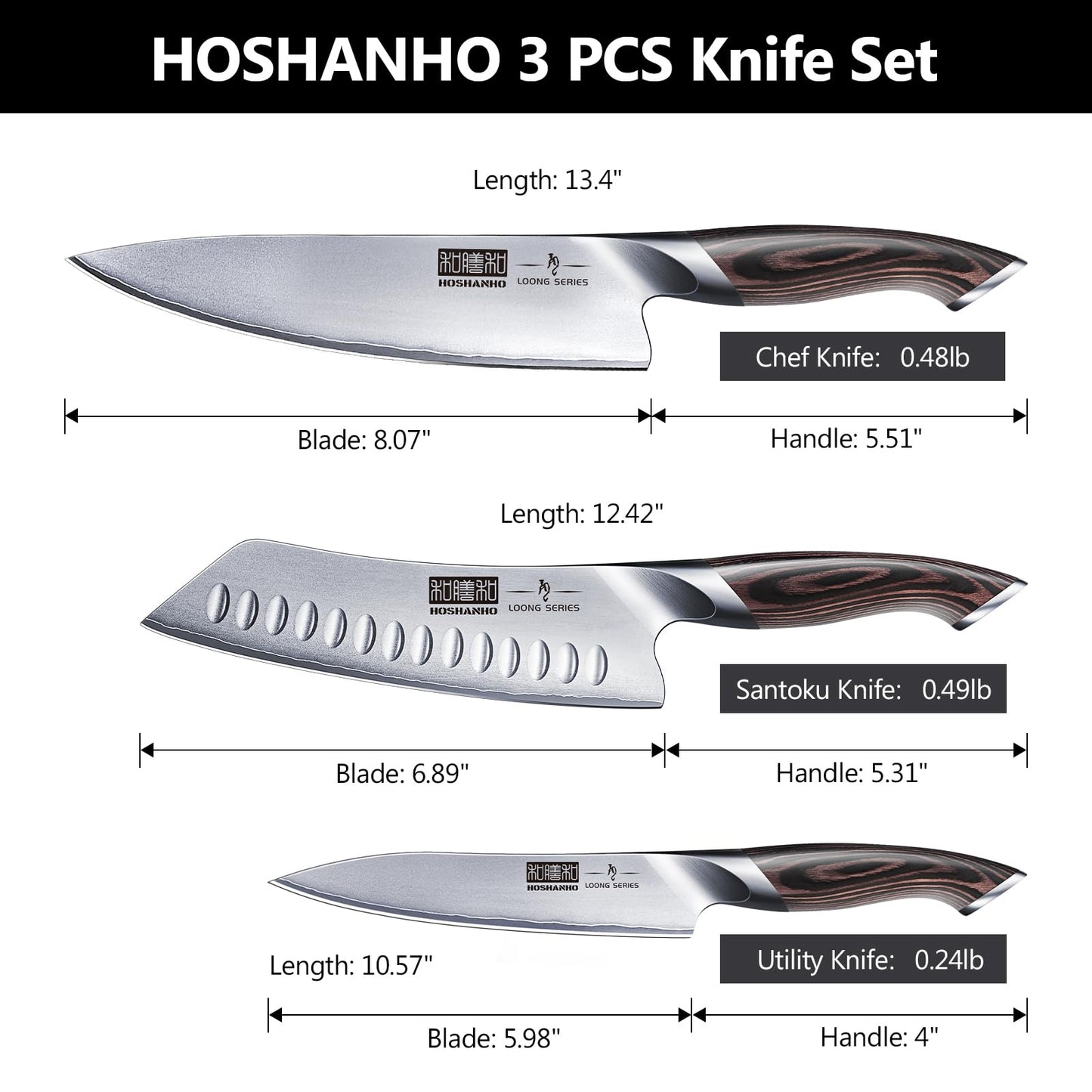 HOSHANHO 3 Pieces Knife Set, Professional Japanese High Carbon Stainless Steel Kitchen Knife Set, Ultra Sharp Chef Knives Sets with Ergonomic Pakkawood Handle