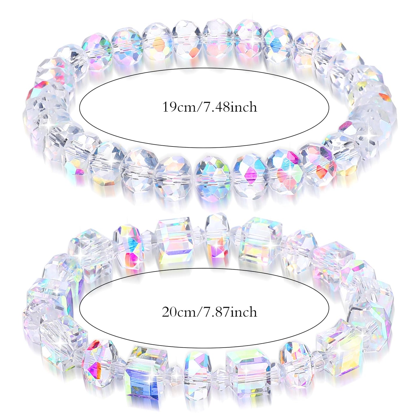 YUXIANLB 2PCS Beaded Stretch Bracelet Set for Women Austrian Crystal Stretch Bracelets Rainbow Aurora Borealis Jewelry Rainbow Reflective Crystal Chain for Birthdays Valentines Retirements