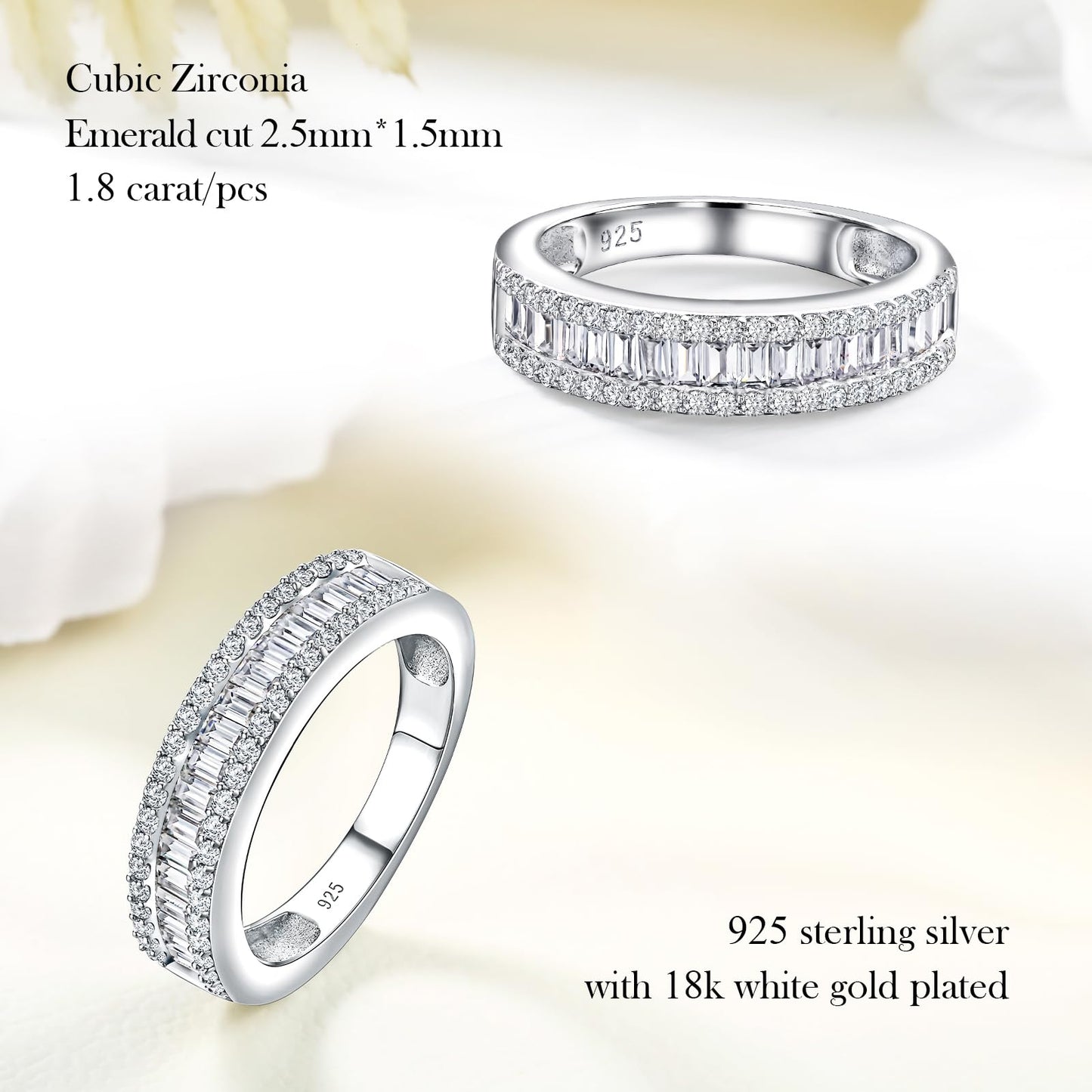 RANDES Cubic Zirconia Wedding Bands for Women Men Emerald-Cut Half Eternity Band Channel Set Cubic Zirconia CZ Ring Size 9.5