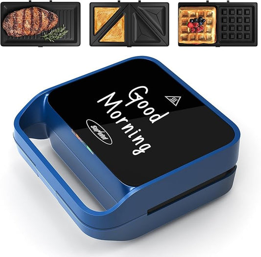 Sunvivi Pro Sandwich Maker Panini Press Grill, 3 in 1 Electric Waffle Maker with Removable Non-stick Plates, with Glass Top, Cool Touch Handle & Easy to Clean, 850W