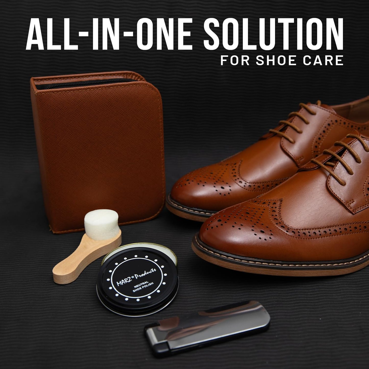 Deluxe Shoe Polish Kit - Portable 7pc Shoe Shine Kit with Genuine Horsehair Brush, Black Shoe Polish, and Clear Shoe Polish - Suede Shoe Cleaning Kit for Sneakers, Leather Shoes, and Boots