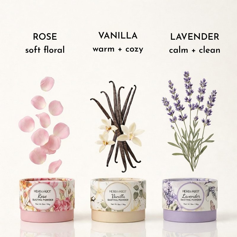 Herb & Root Talc Free Body Dusting Powders. Rose, Vanila, Sandalwood, Lavender, Jasmine, and Gift Sets (Travel Size, Lavender, Rose, Vanilla, Puff)