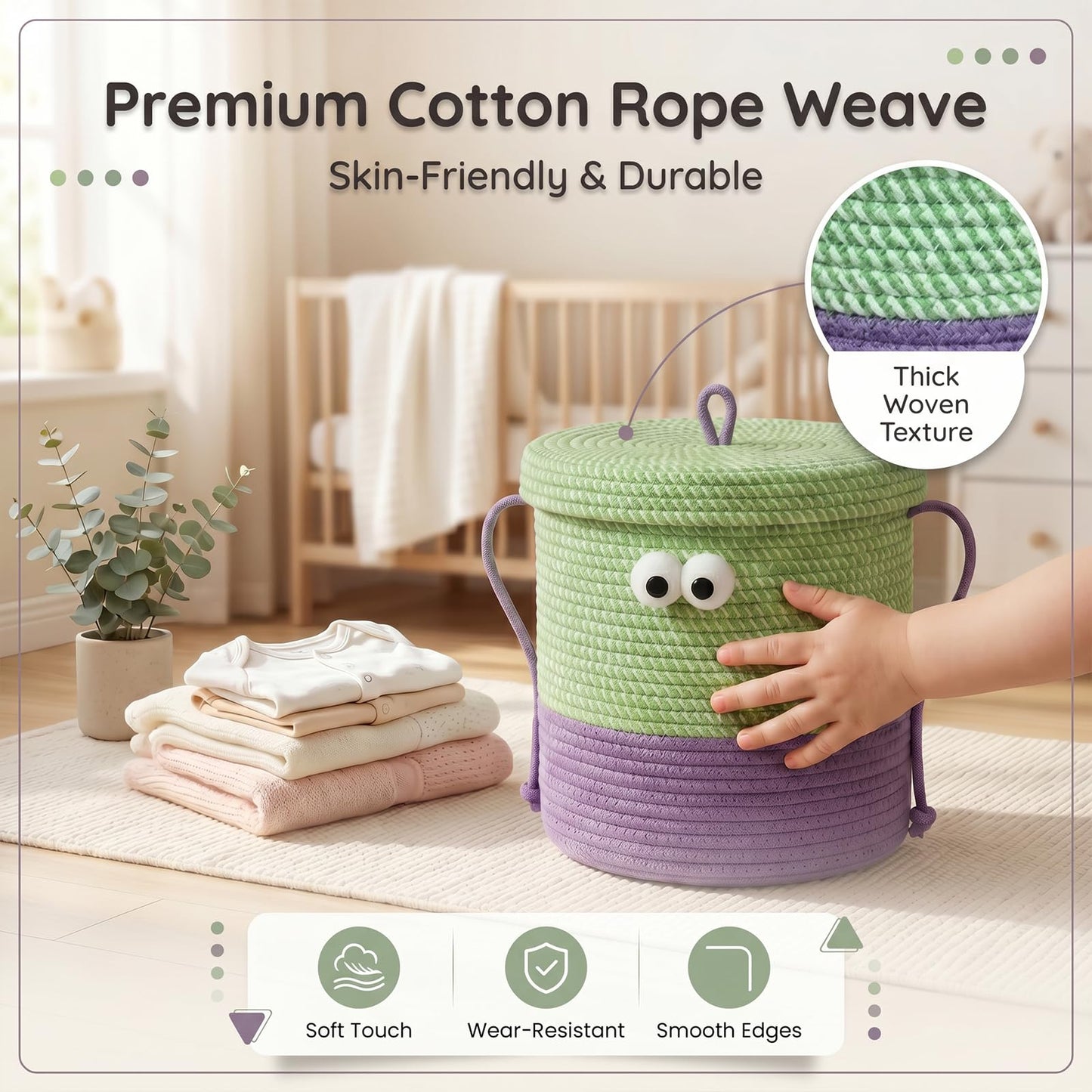 CTESNE Cotton Rope Storage Basket with Lid & Handles, Cute Monster Decor Basket for Nursery, Toys, Diapers, Baby Shower & Easter Gift, 9.8" x 9.8" (Green & Purple)