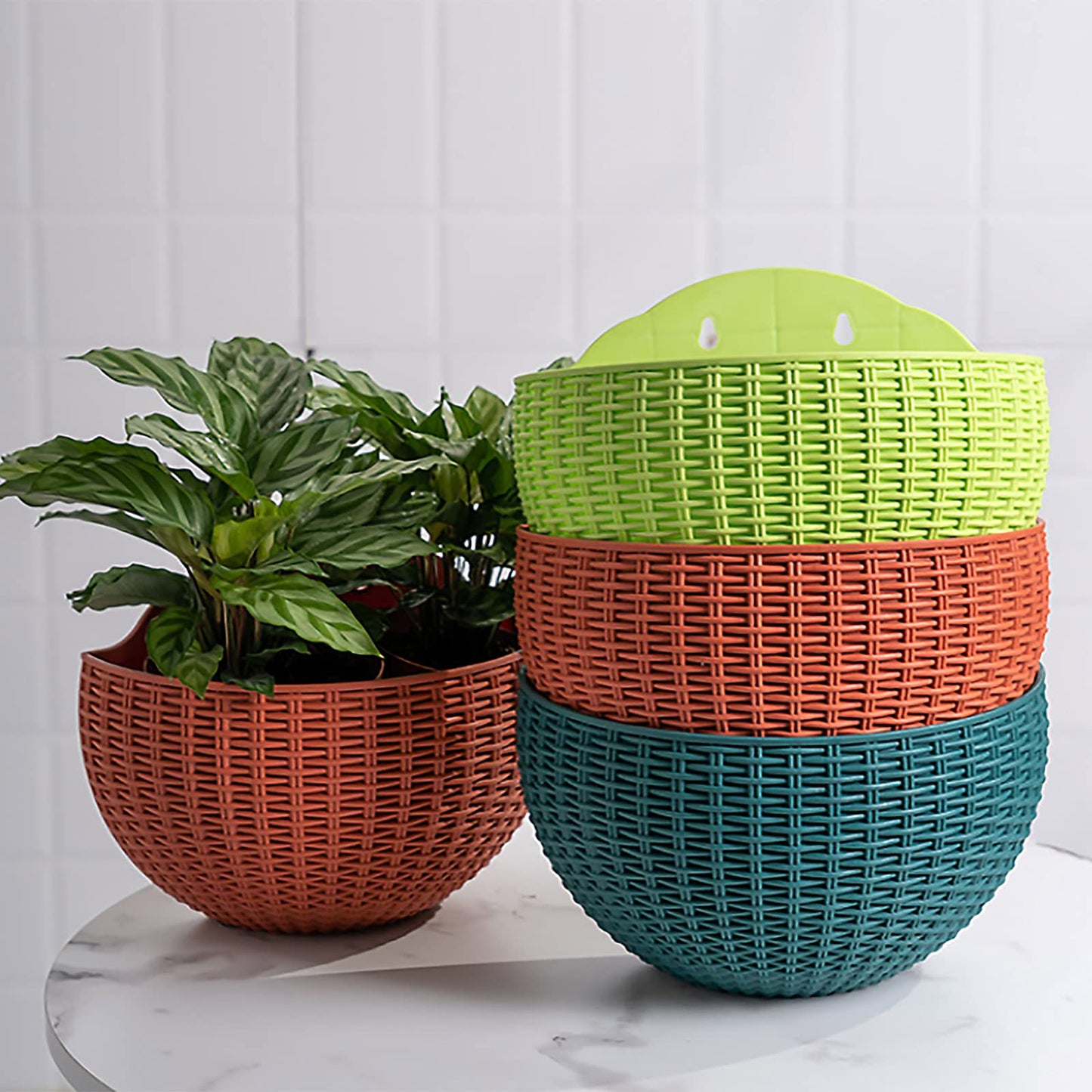 Hanging Planter Pot, Wall and Railing Hanging Planters with S Hooks, Half Round Imitation Rattan European Style Wall Flowerpot Rustic Decorative Flower Basket for Home Balcony(#21*16.5cm Dark green)
