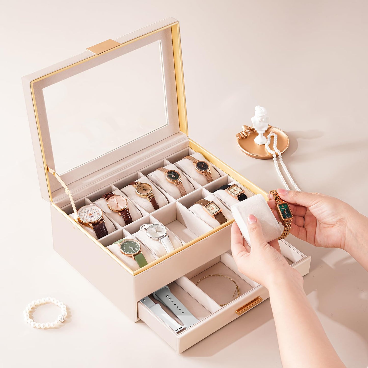 ProCase Watch Case for Women, Valentine Gifts, 10 Slot Watch Display Case with Drawer, 2-Layer Womens Watch Box, 10 Watch Box Organizer, Jewelry and Watch Holder Storage Case with Glass Lid -Beige