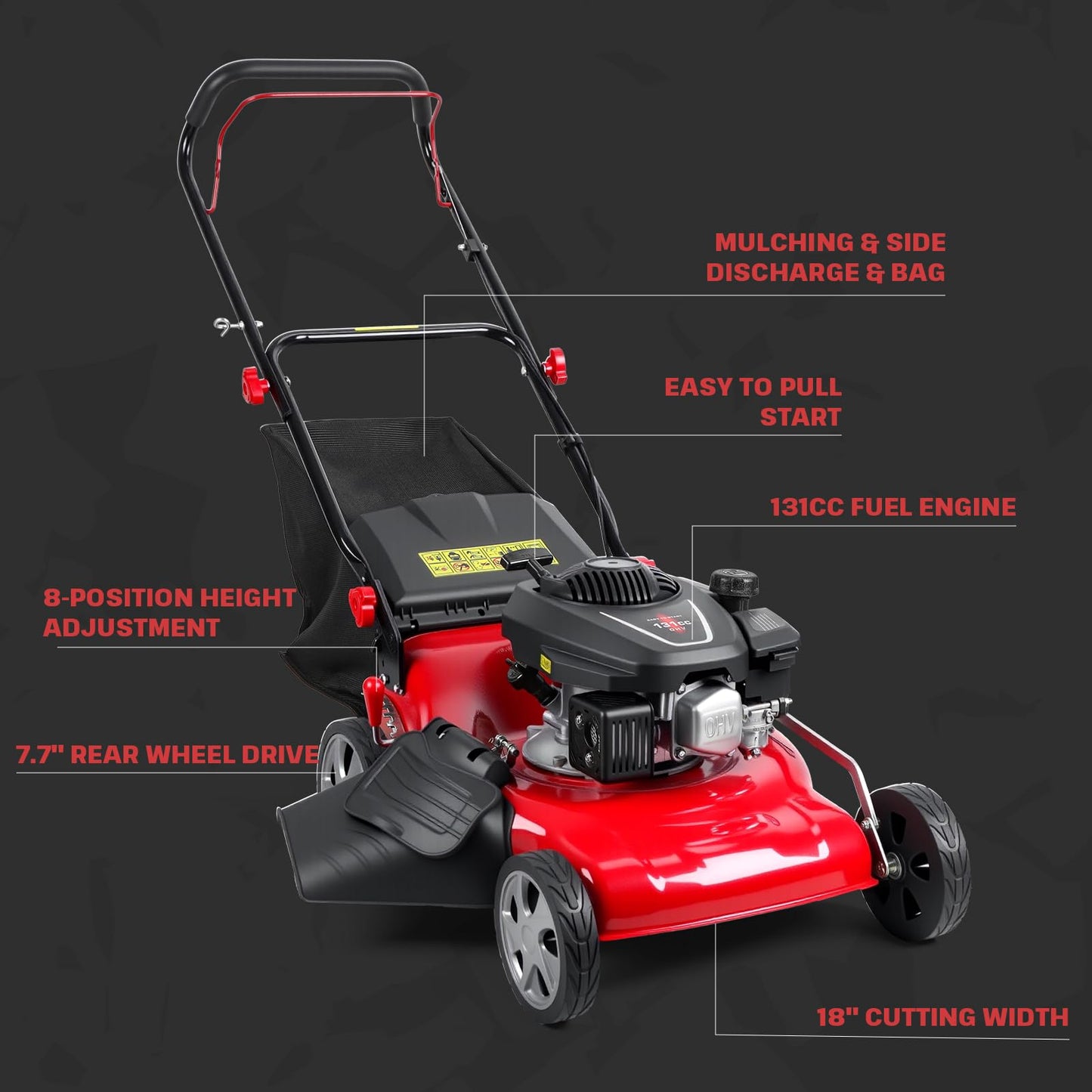 Lawn Mower Gas Powered, Gas Mower with 50l Grass Bag Big Wheels, 131cc Gas Engine 3 in 1 Mulching, Bagging & Side Discharge Self Propelled Walk-Behind Push Mower for Hills 2850RPM (Red)