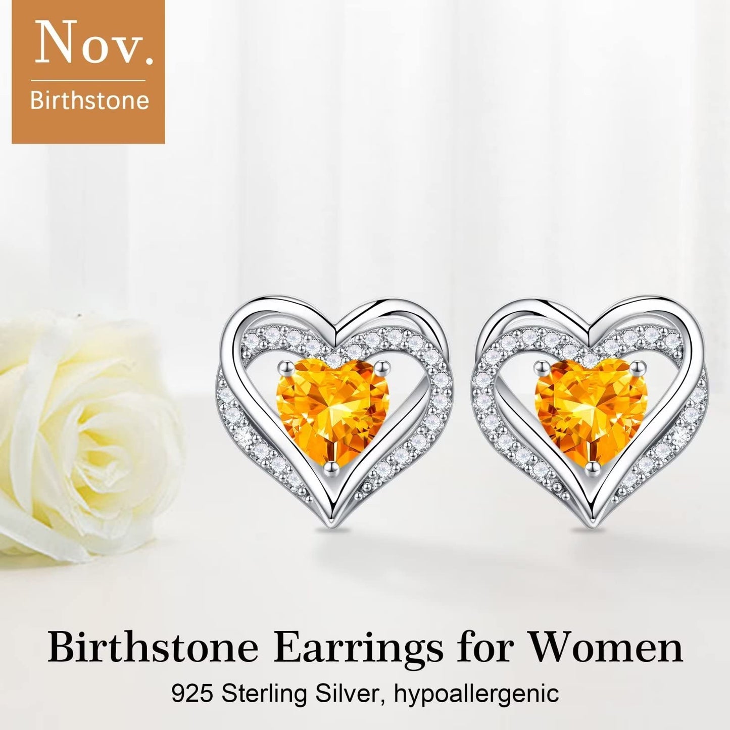 Iefil Birthstone Earrings for Women, 925 Sterling Silver November Birthstone Yellow Citrine Heart Stud Earrings for Women