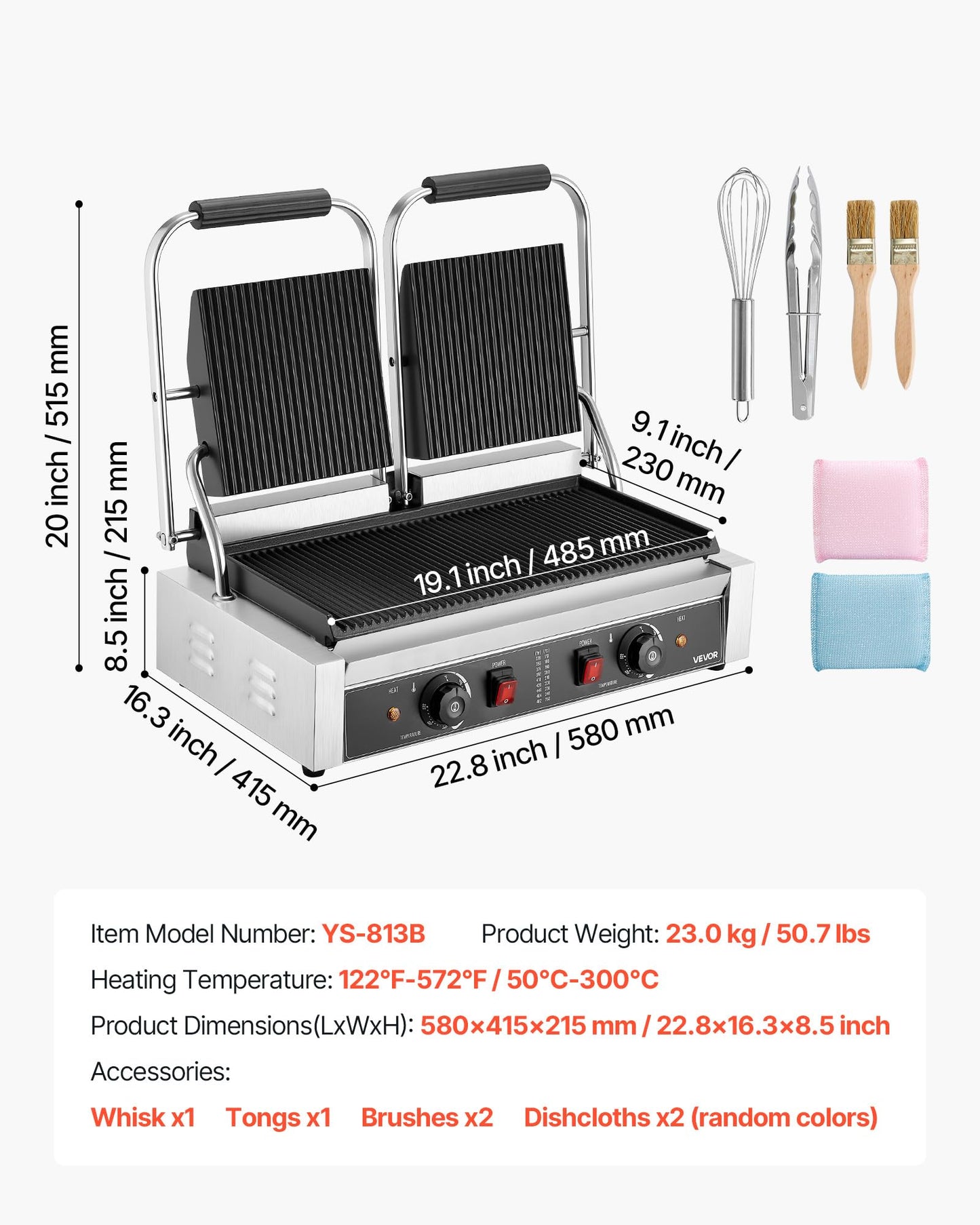 VEVOR Commercial Panini Grill, 3600W Electric Sandwich Panini Maker, Stainless Steel Double Sandwichs Press with Handle and Temp Control, 19x9 in Full Grooved Enamel Plate, for Hamburger Steak Bacon
