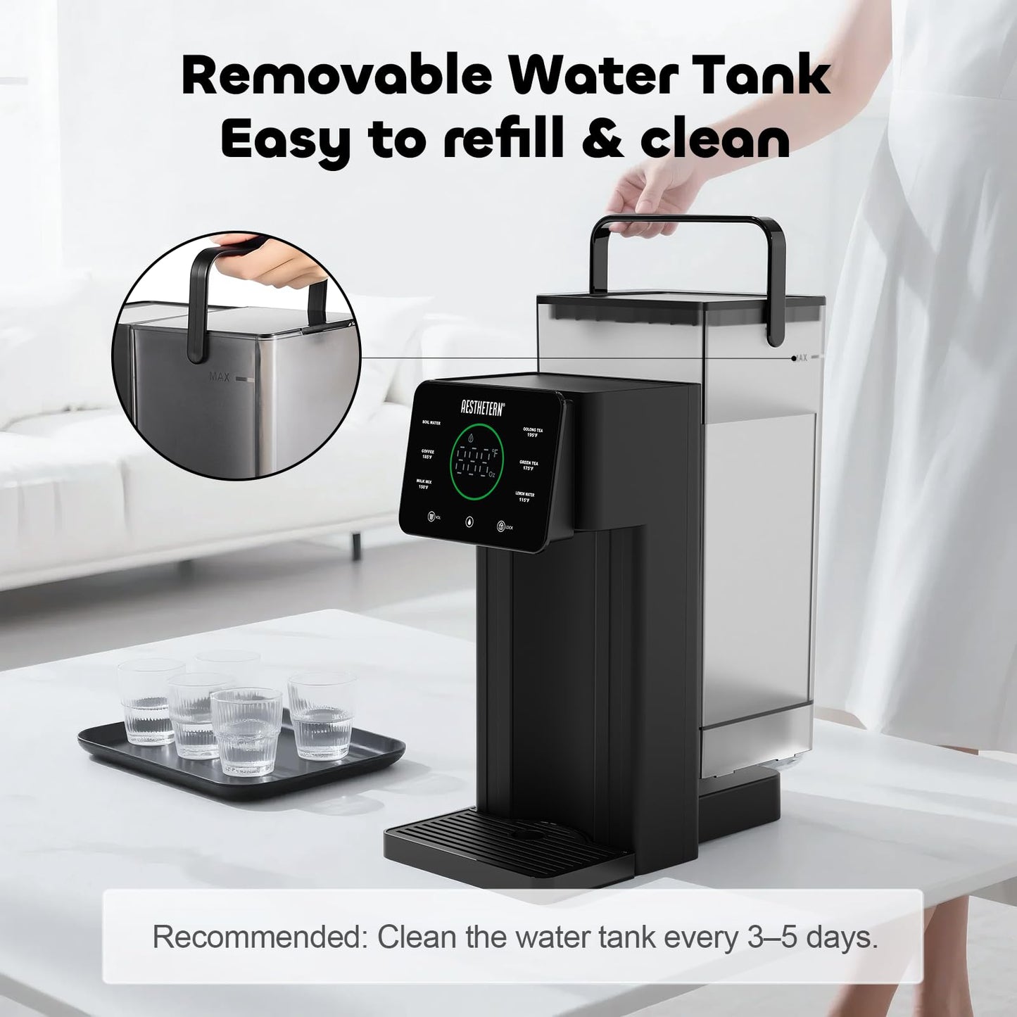 Aesthetern Instant Hot Water Dispenser Countertop for Rapid Heating, Electric Kettle with 6 Temperature Settings & 4 Volume Options, Water Boiler with 3L Removable BPA-Free Water Tank