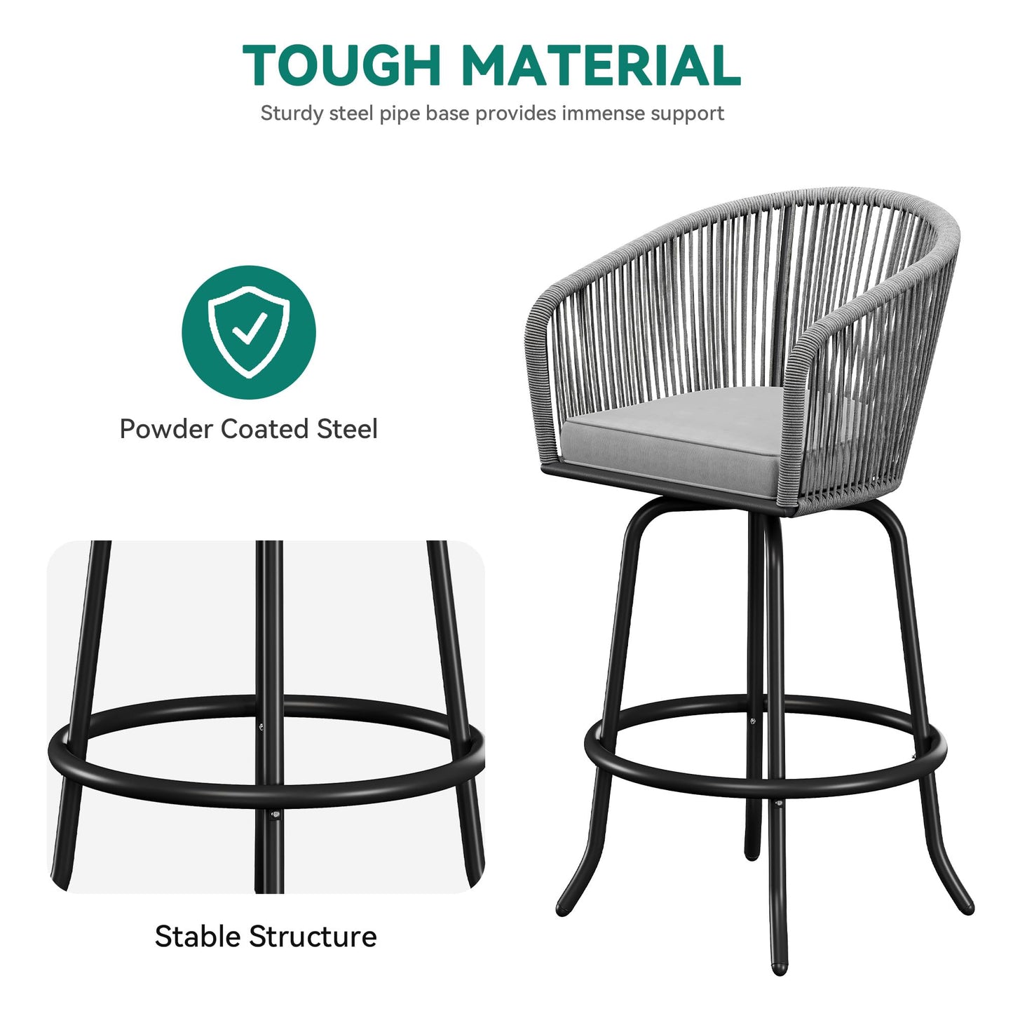 YITAHOME Counter Height Bar Stools Set of 4, Outdoor Bar Stools with Soft Cushions, Patio Rattan Swivel Bar Chairs for Backyard Poolside, Garden w /360 Rotation (Gray)