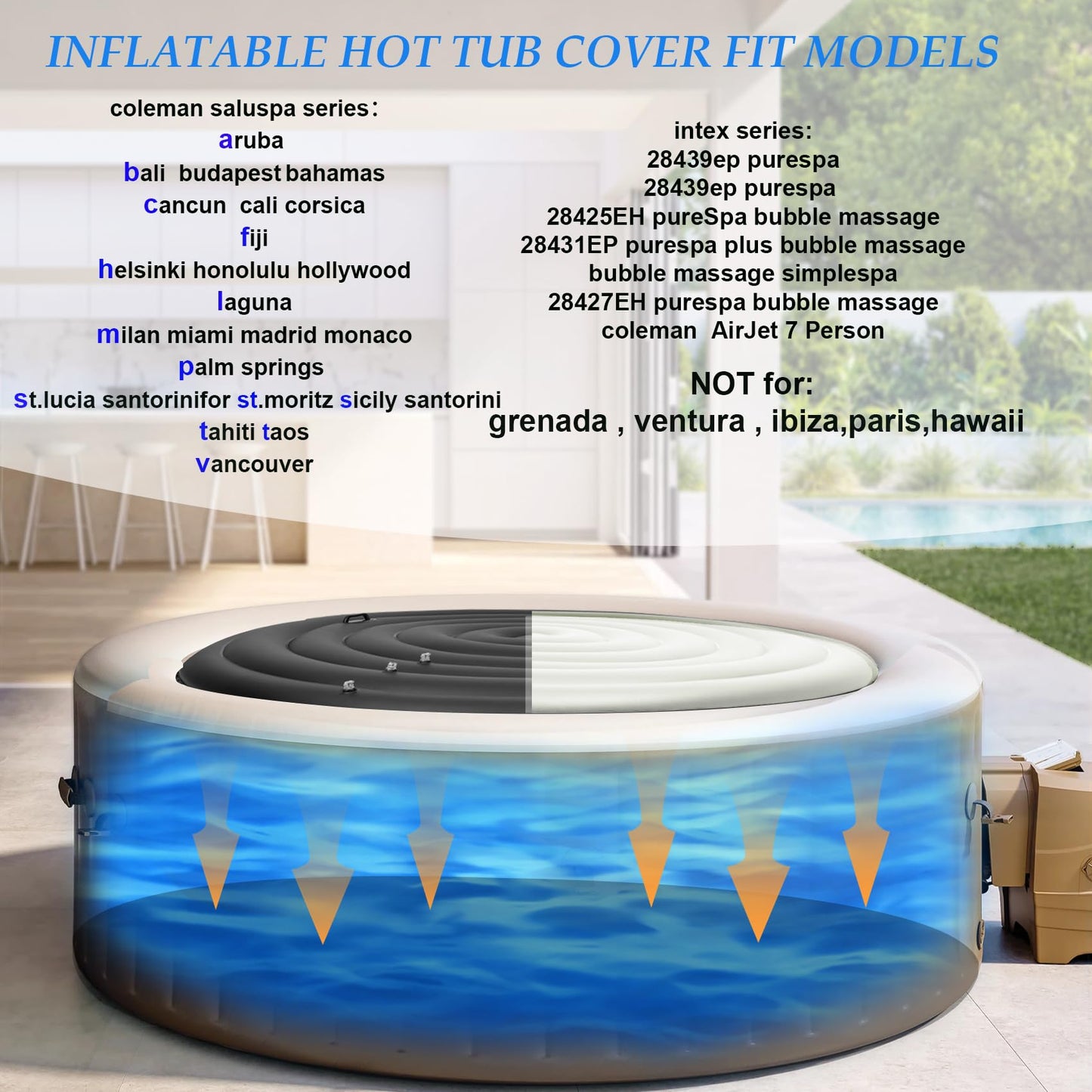 Inflatable Hot Tub Cover Round Replacement, Fit Saluspa Coleman Intex Spa Cover, Insulated Energy-Saving Weatherproof Lid, Unique Design Flexible Adjust Pool Cover Size-Life Time Support