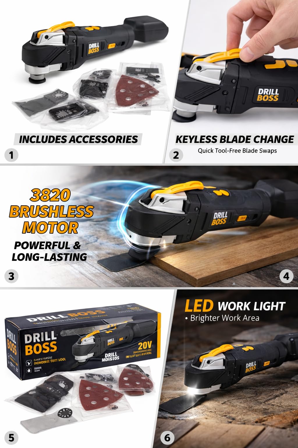 Drill Boss 20V Brushless Cordless Oscillating Multi-Tool Kit, Variable Speed 8,000-18,000 OPM, Keyless Blade Change, LED Work Light, Blades, Accessories, Battery, Charger and Bag