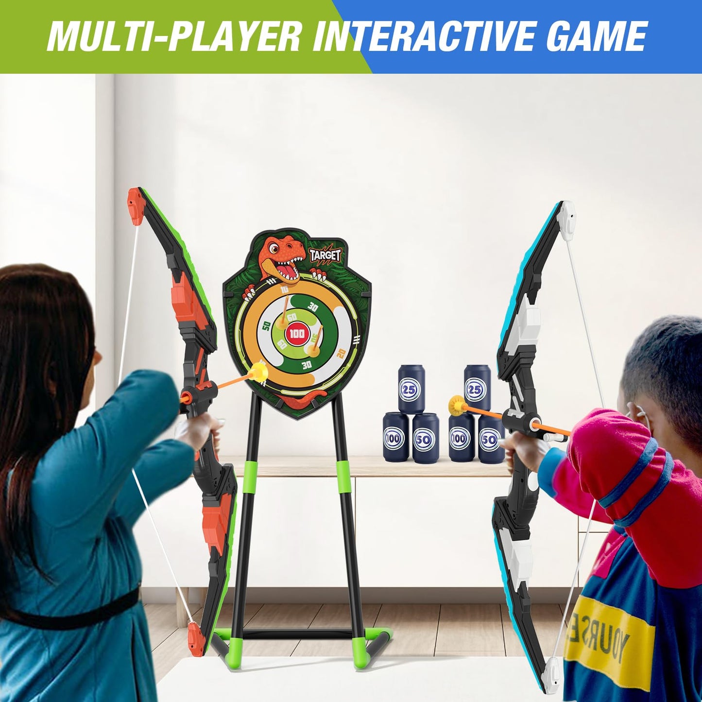 HYES 2 Pack Bow and Arrow for Kids, LED Light Up Archery Set with 24 Suction Cup Arrows, 1 Standing Target, 6 Score Targets & 2 Quiver, Indoor Outdoor Sport Gifts for Boys Girls Ages 4-8