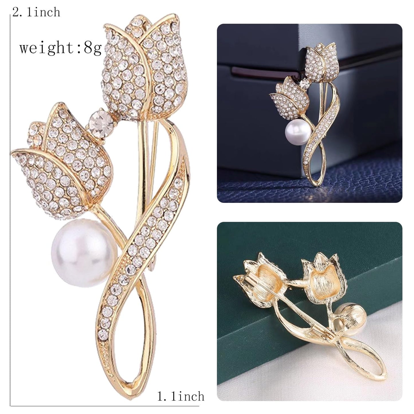 Tulip Flower Crystal Brooches Pins Fashion Beautiful Created Rhinestone Pearl Floral Brooch Good Idea for Party Dance Wedding Banquet for Elegant Women Girl (Gold Tulip)