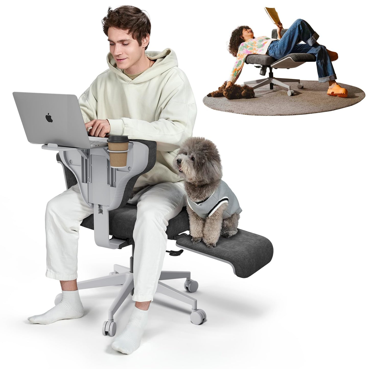 Newtral Freedom-X Criss Cross Chair with Wheels & Amrests- Cross Legged Office Chair with Laptop Tray, Multi-Position Recliner Chair, Adjustable Ergonomic Chair, Relax, Work from Home