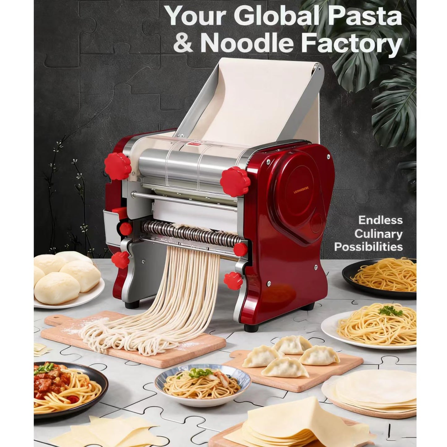 LEONEBEBE Commercial Pasta Maker Machine, Electric Noodle Roller, Bulit-in Press Sheeter, 3/9MM Dual Blades, Thickness Adjustable (0.3-5mm) for Restaurant Use