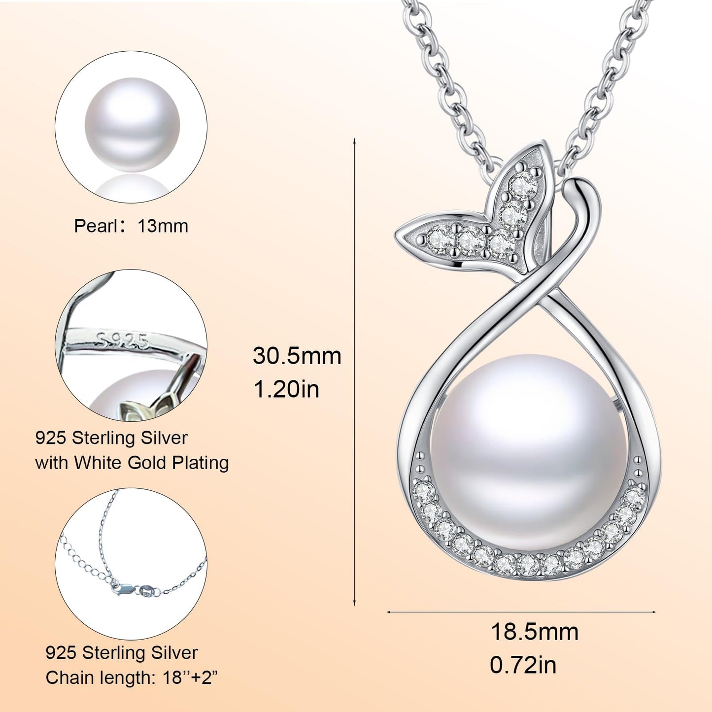 13 mm Fishtail Pearl Necklace 925 Sterling Silver Jewelry 5A Cubic Zirconia Pendant Necklace Gifts for Mom Women Girlfriend Grandma Lover Her Wedding Birthday Anniversary Engagement Valentine's Day