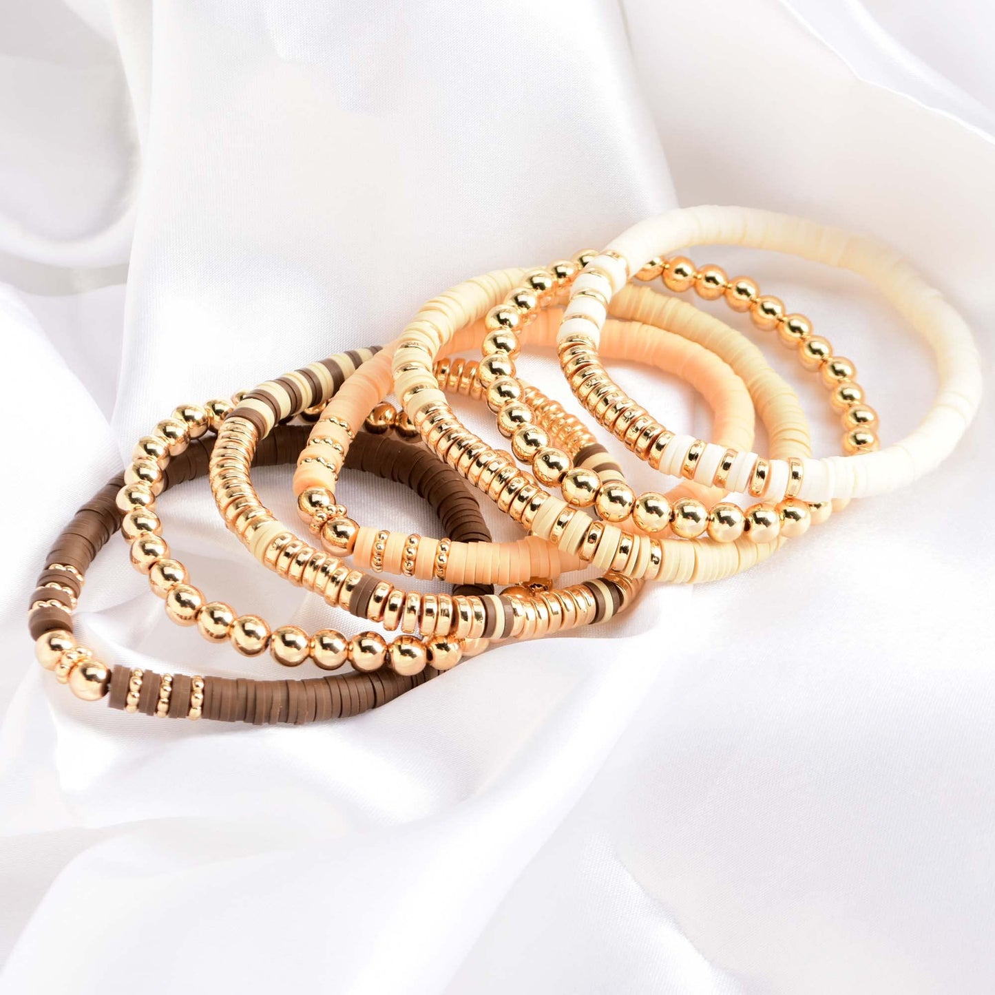 GOOJIDS Surfer Heishi Clay Bead Bracelets for Women Bohemian Stackable Gold Plated Beaded Stretch Bracelets Elastic Layering Friendship Bracelets Set Boho Jewelry