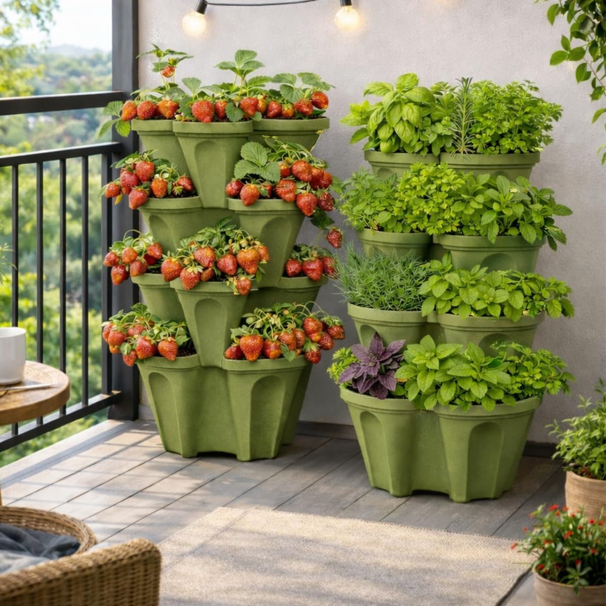 Large Vertical Planter Tower, 4 Tier Stackable Garden Planter, 16 Plant Sites, Heavy Duty Strawberry Planter, Vertical Growing System with Center Hole, Made in USA (4, Sagebrush Green, Large)
