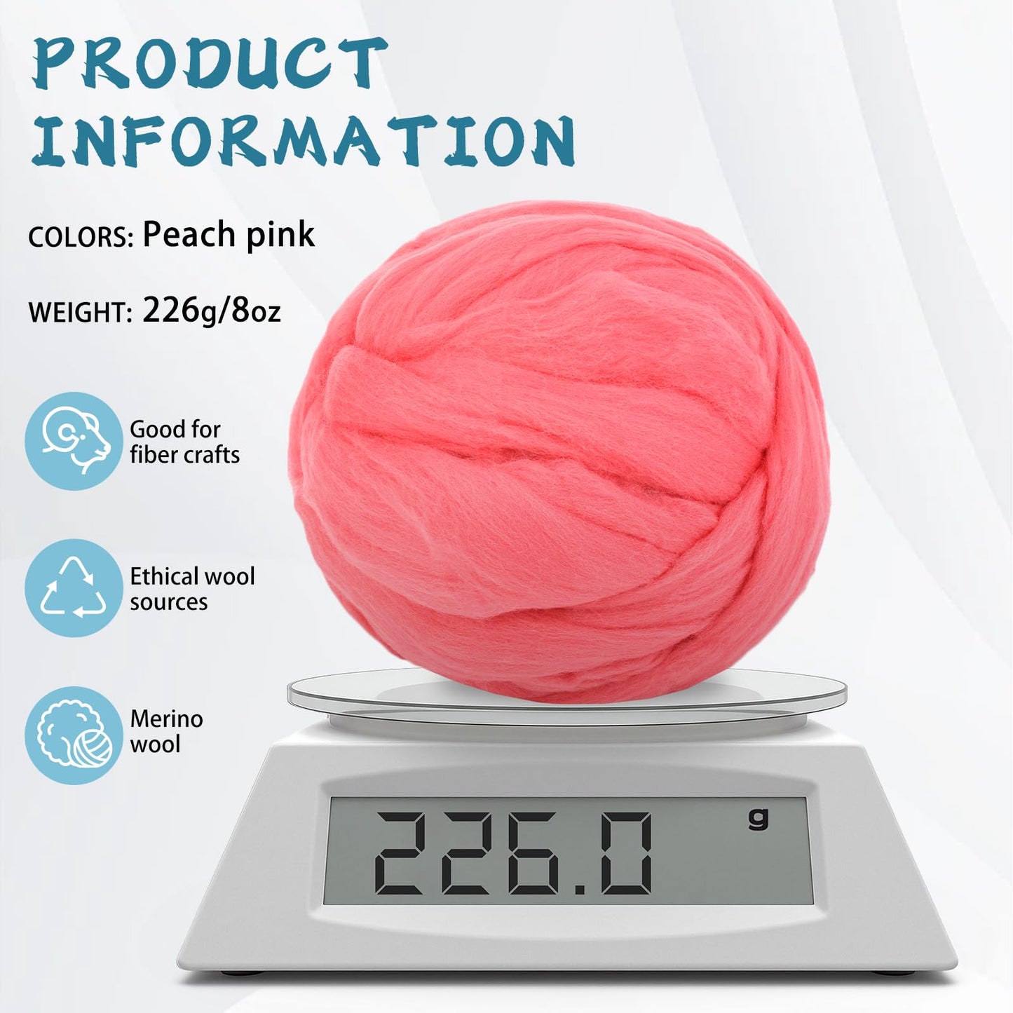 8 OZ Premium Merino Wool Roving, Soft Needle Felting Core Wool, Carded Felting Wool for Sculpting, Wool Dryer Balls & DIY Spinning, Ideal Felting Supplies for Beginners, Pink