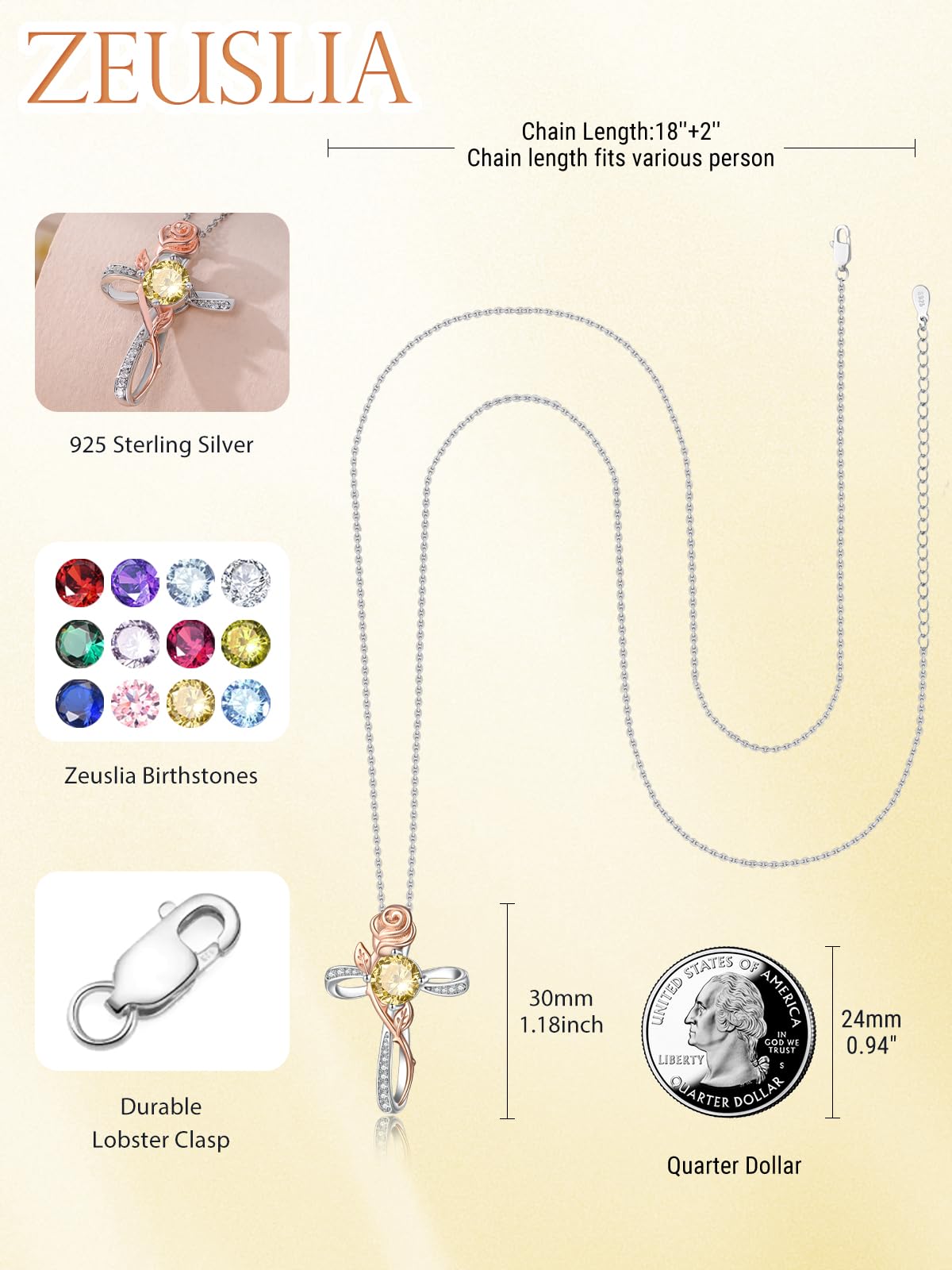 Zeuslia Cross Necklace for Women Sterling Silver Cross Pendant Jewelry with Rose Citrine November Birthstone Necklace Christian Religious Baptism First Communion Confirmation Birthday Gifts for Women