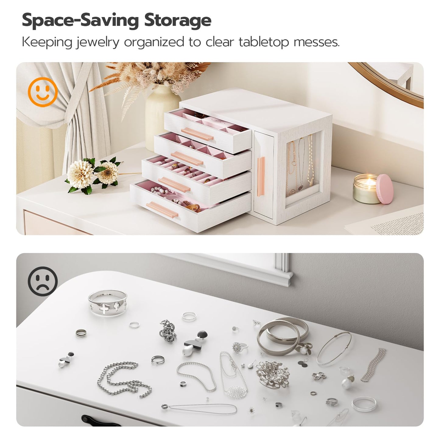 HOOBRO Jewelry Box for Women, Wooden Jewelry Organizer with Transparent Window, 4-Layer Jewelry Organizer Box, Jewelry Holder Organizer for Earrings, Necklaces, Rings, White and Gold WD09JB04