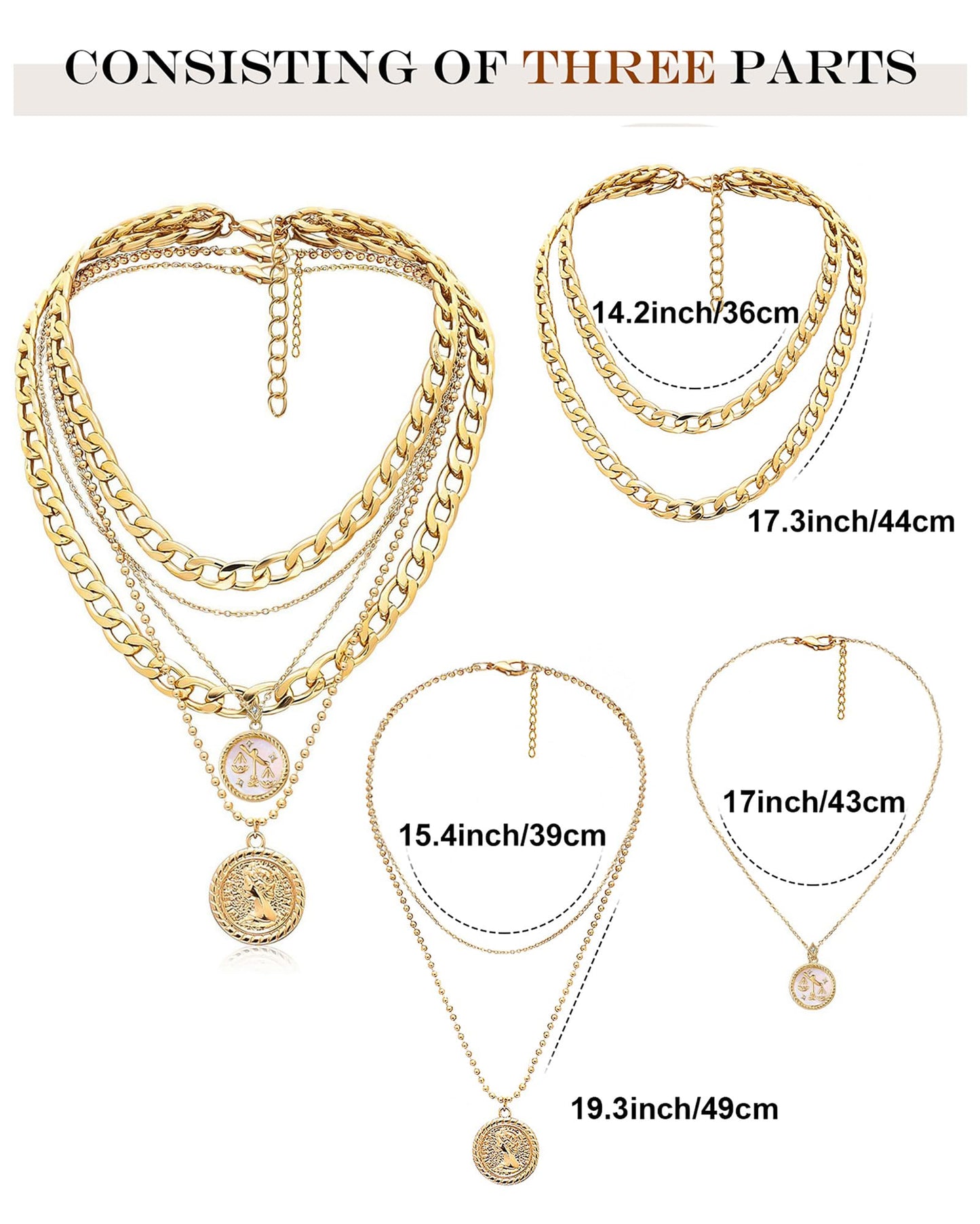 MJartoria Gold Layered Necklaces for Women Trendy Retro Coin Pendant Necklace Dainty Chunky Chain Choker Necklaces for Jewelry Birthday Gifts (Gold, Zodiac-Libra-3PCS Layered)