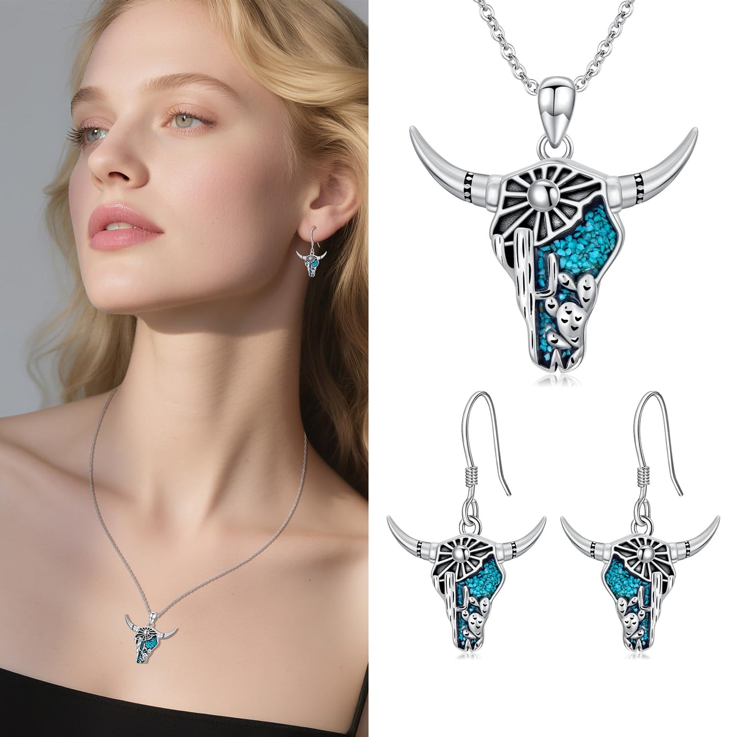 KoyeKei Cow Skull Earrings for Cowgirl Cowboy Sterling Silver Texas Longhorn Cactus Turquoise Dangling Drop Earrings Western Jewelry Country Christmas Graduation Gifts for Women