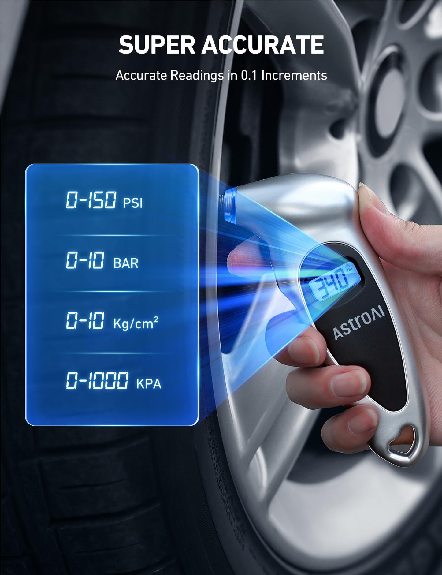 AstroAI Digital Tire Pressure Gauge 150 PSI 4 Settings for Car Truck Bicycle with Backlight LCD and Non-Skid Grip Car Accessories, Silver