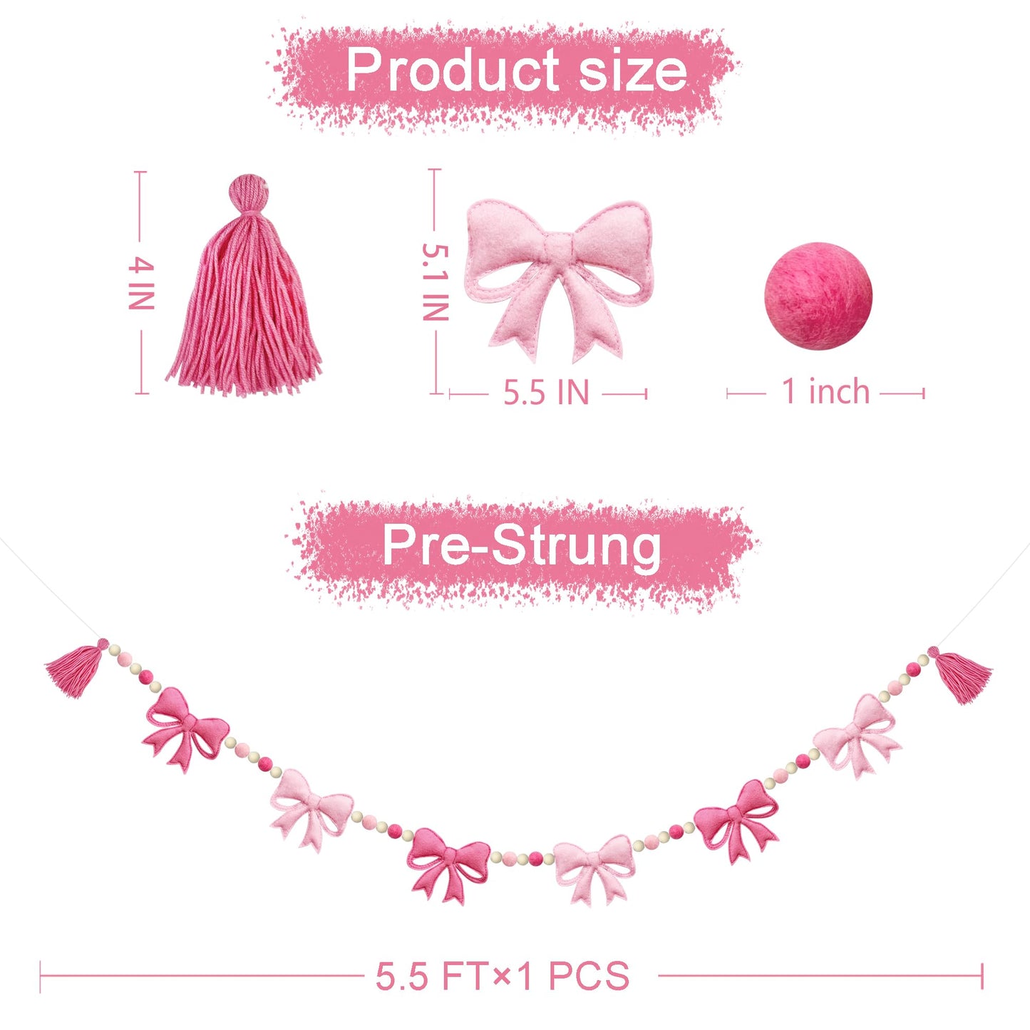 Pink Bow Decorations Pre-Strung Felt Handmade Bow Banner Wool Felt Ball Wooden Bead Bow Garland Streamer for Nursery Classroom Home Mantle Fireplace Decor Baby Shower Coquette Birthday Party Supplies