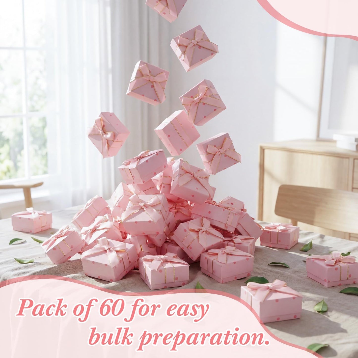 Nosiny 60 Pcs Pink Jewelry Gift Boxes 3 Inch Cardboard Jewelry Packaging Boxes with Polka Dot Bow Bulk Gift Box Square for Necklace Bracelet Ring Badge Brooch Earring Selling Boutique Wedding Party