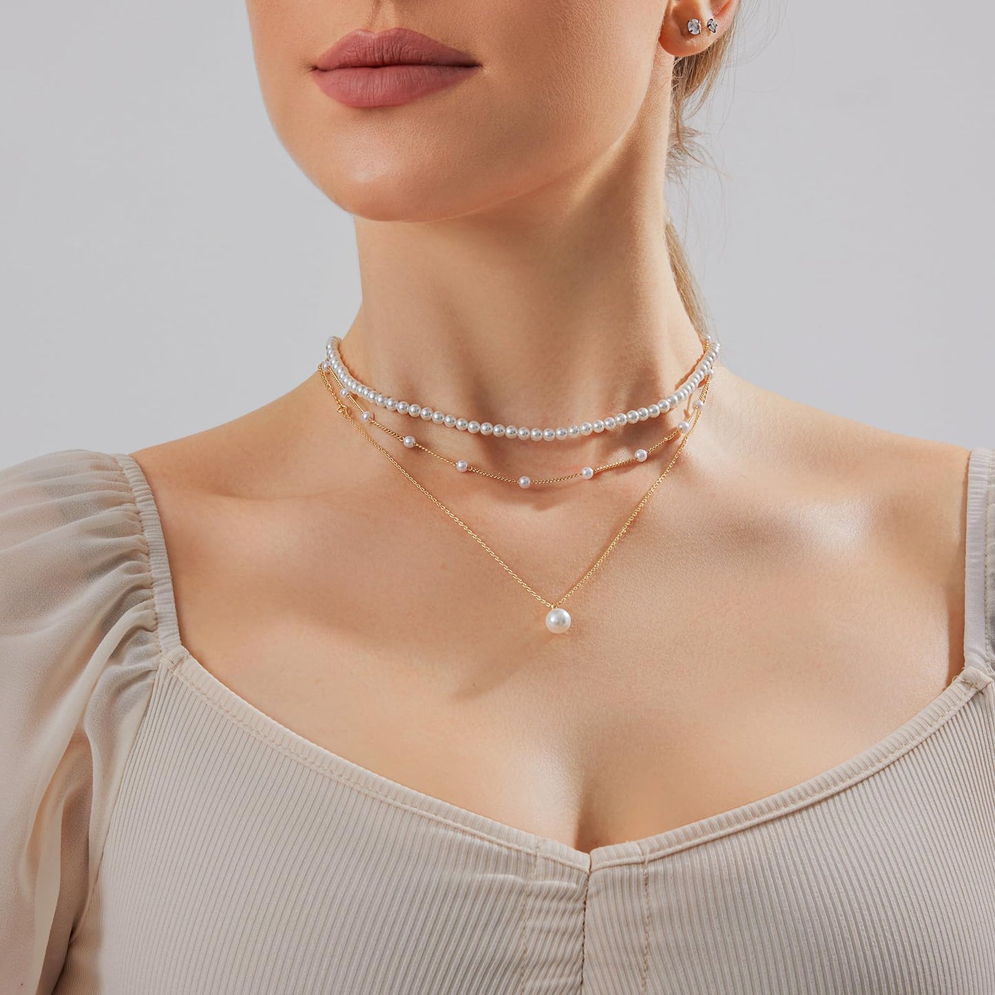 Luxval Layered Gold Pearl Necklaces for Women 14K Gold Plated Dainty Layered Tiny Single Pearl Choker Trendy Cute Gold Necklace Stack Wedding Jewelry Sets for Women Bridesmaid Gifts