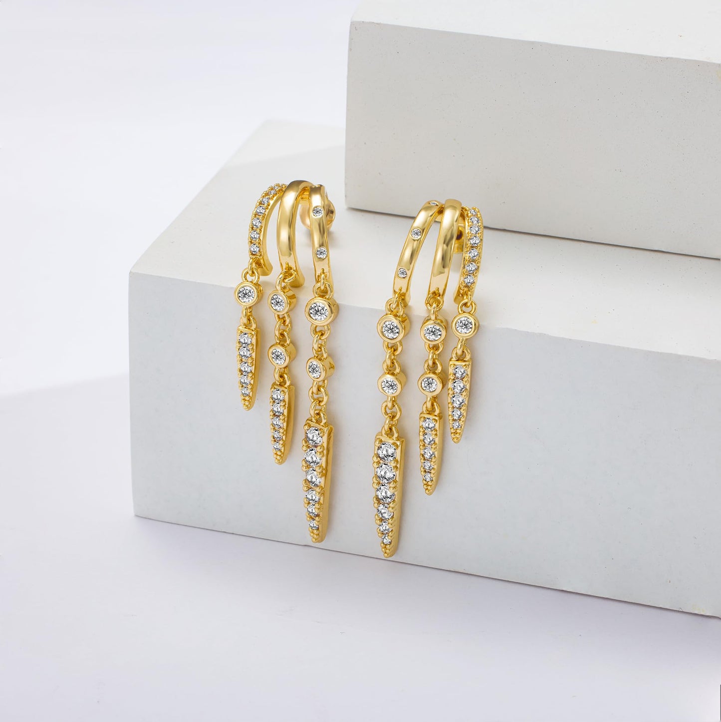 Freekiss Gold Long Dangle Earrings for Women, 3 Hoop Illusion Huggie Diamond Drop Earrings, Dainty Simple 14K Gold Plated Hypoallergenic Statement Stud Earring Set Jewelry for Women
