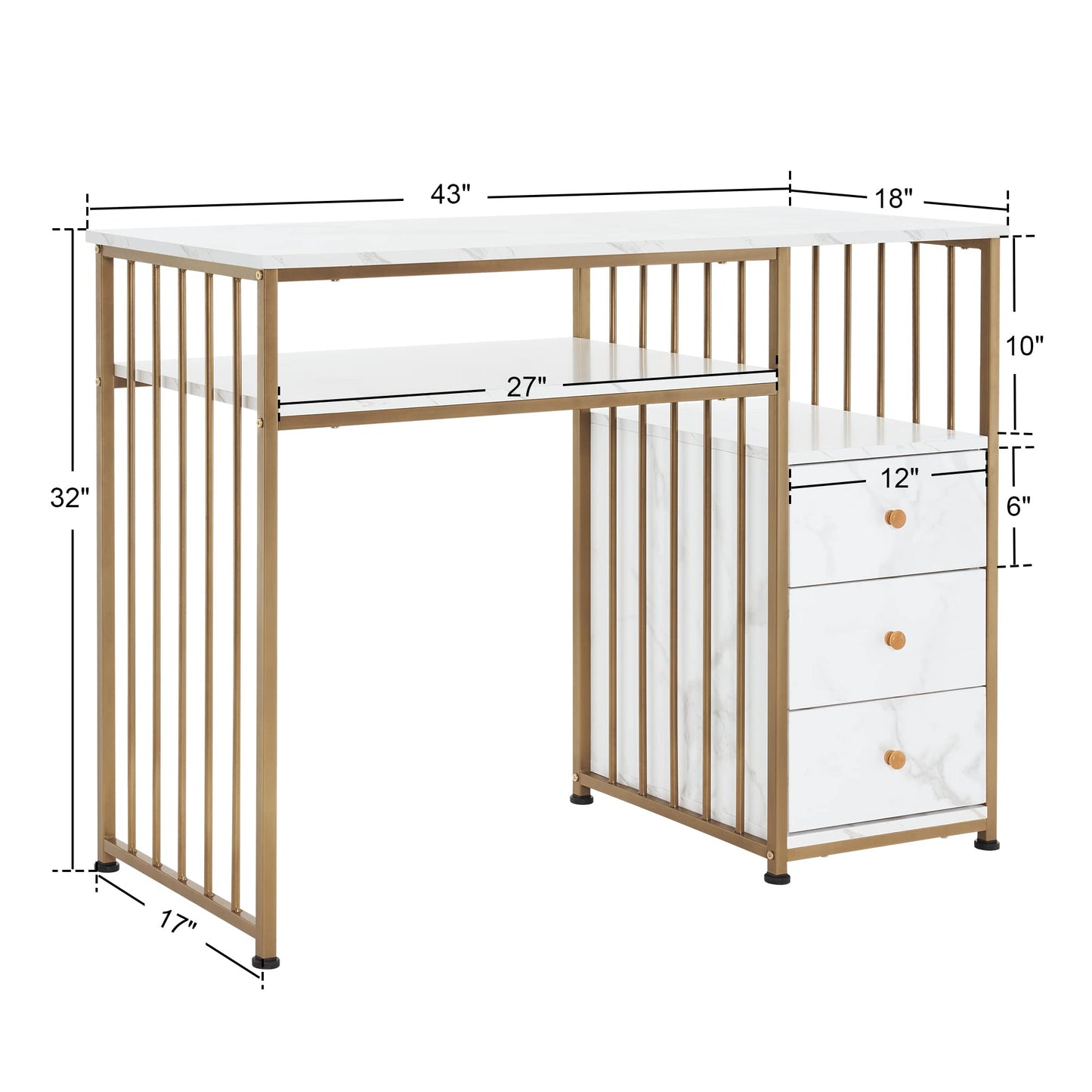 BarberPub Manicure Table for Nail Tech, Golden & Marbling Texture Nail Desk with Storage Drawers and Shelf, Home Salon Spa Equipment, Beauty Nail Table with Metal Frame 2407
