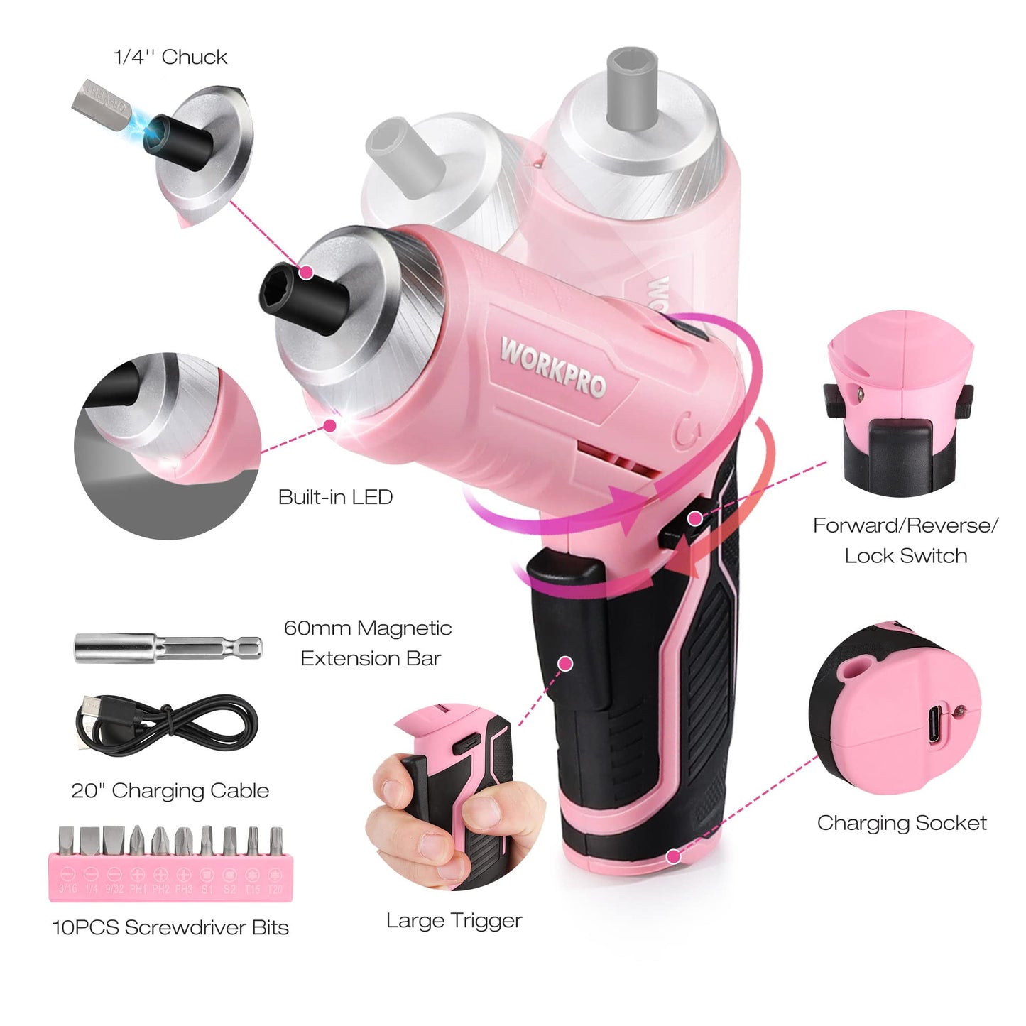 WORKPRO Pink Tool Set with 3.7V Rotatable Electric Screwdriver, 18PCS Portable Ladies Home Tool Kit with Toolbox, Cordless Electric Screwdriver Kit, Household tool kit for Dorm, Apartment -Pink Ribbon