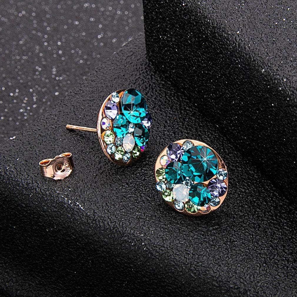 Multicolored Austrian Crystal Rhinestone Stud Earrings for Women Fashion S925 Sterling Silver Hypoallergenic Jewelry (Blue Green Crystals/Rose Gold-tone)
