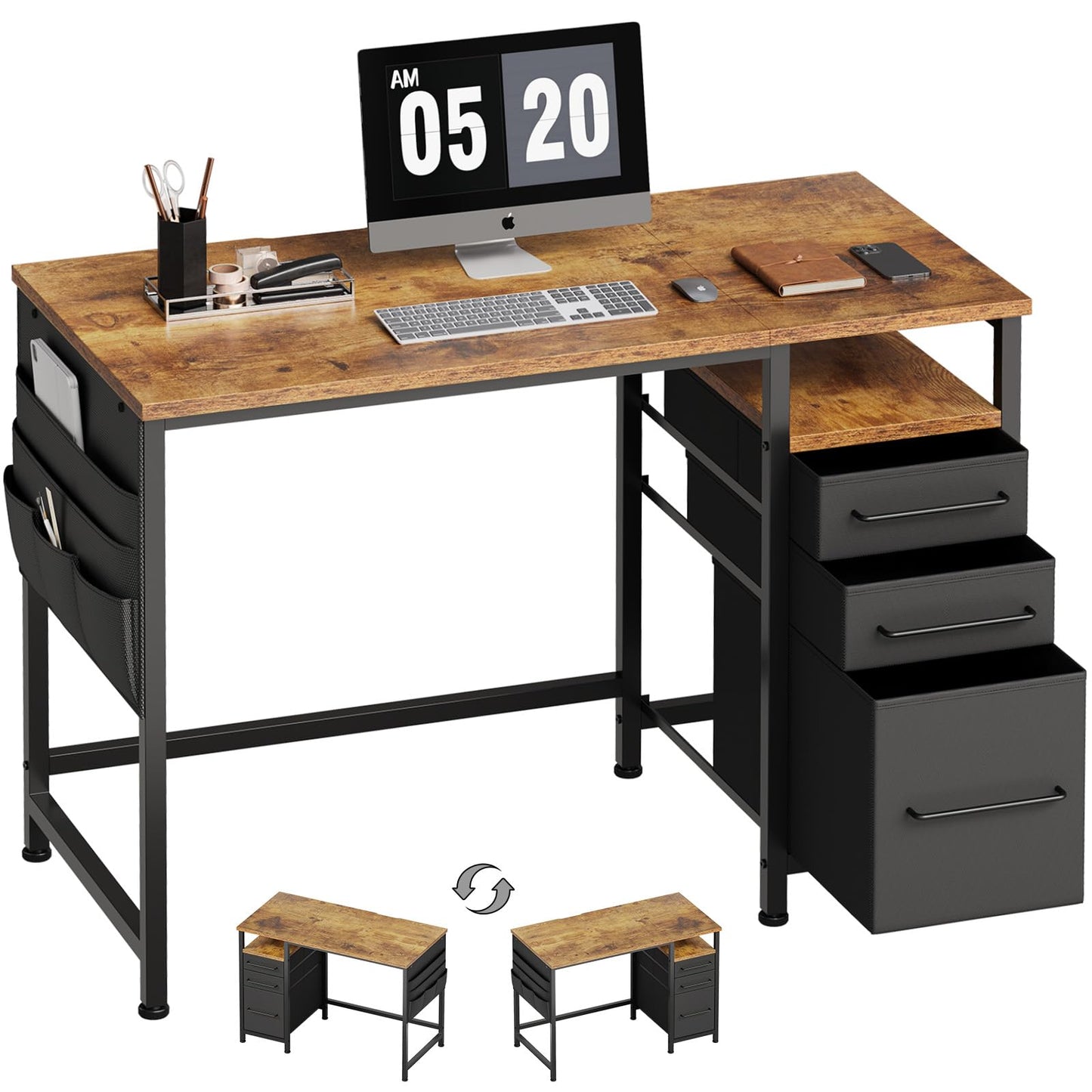Ｍａｉｈａｉｌ Maihail Small Desk with Drawers, 40 inch Computer Desk with Shelves, Writing Desk with Storage, Small Office Desk with Metal Frame, Rustic Brown