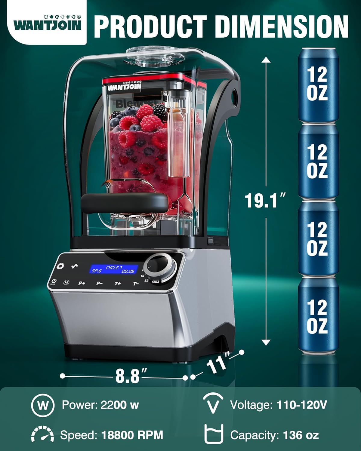 WantJoin Commercial Blender - 68 oz Quiet Commercial Blender for Smoothies with LED Touch Panel & Sound Enclosure, 2200W Copper Motor, 30000RPM, 7 Speeds, Blenders for Frozen Drinks, Juice, Soup