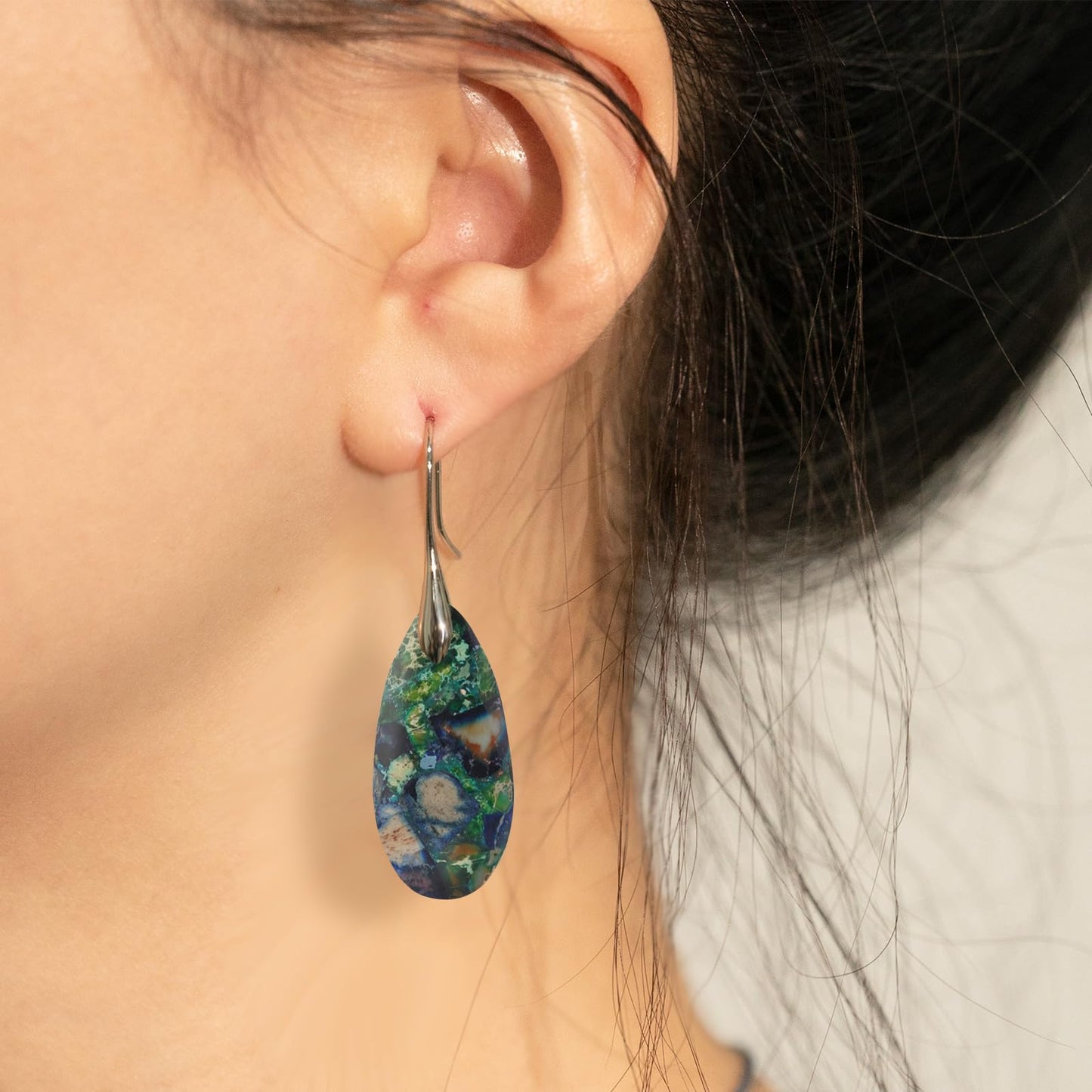 Sriomu Natural Healing Stone Fishhoop Dangle Drop Earrings Statement Gold silver earrings (Green Blue-Silver Hook)