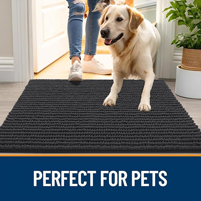 OLANLY Dog Door Mat for Muddy Paws 48x30, Ultra Absorbent Chenille Mud Doormat, Non-Slip Washable and Dirt Trapping Doormat for Indoor Entryway, Quick-Dry Indoor Pet Bed Mats for Dogs, Dark Grey