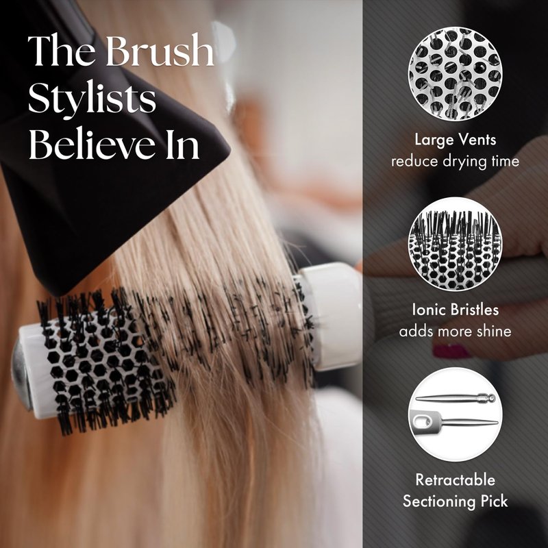Olivia Garden Ceramic + Ion Round Thermal Hair Brush - Not Electrical - Professional Blowout Brush for Normal to Thick Hair - 4.25"-Diameter Barrel - White and Grey - CI-80