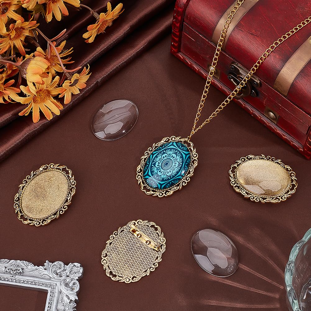 PH PandaHall 10 Sets Oval Brooch Cabochon Setting Vintage Oval Cabochons Bezel Photo Brooch Blank Bezel with Clear Glass Cabochon for Jewelry Making Christmas DIY Lapel Pins Gifts, 30x40mm