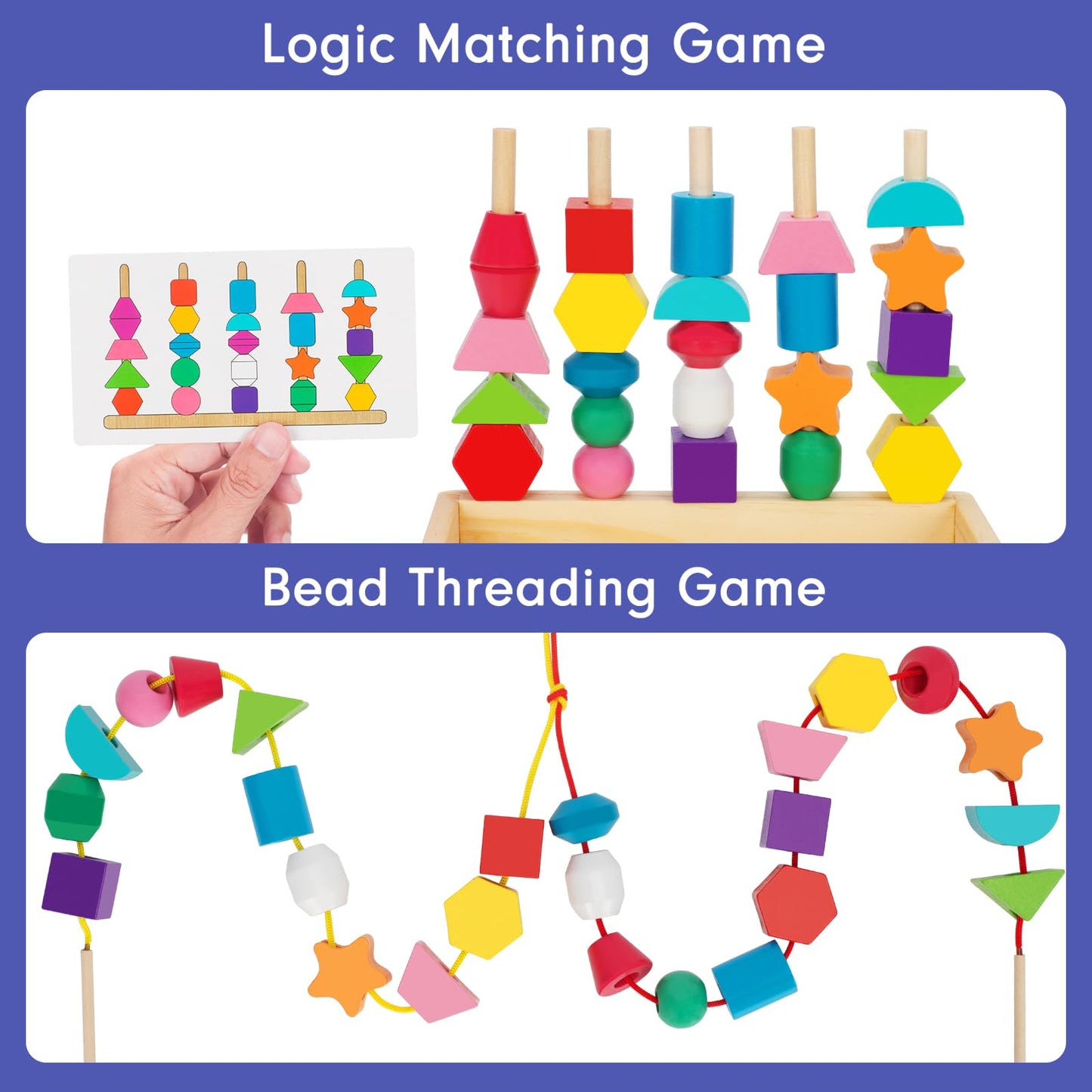 TooyBing Montessori Wooden Lacing Beads Toys for 3 4 Year Old Toddler Kids, Sequencing & Stacking Block Toy with Storage Box, STEM Preschool Learning Toys, Christmas Birthday Gifts for Boys Girls