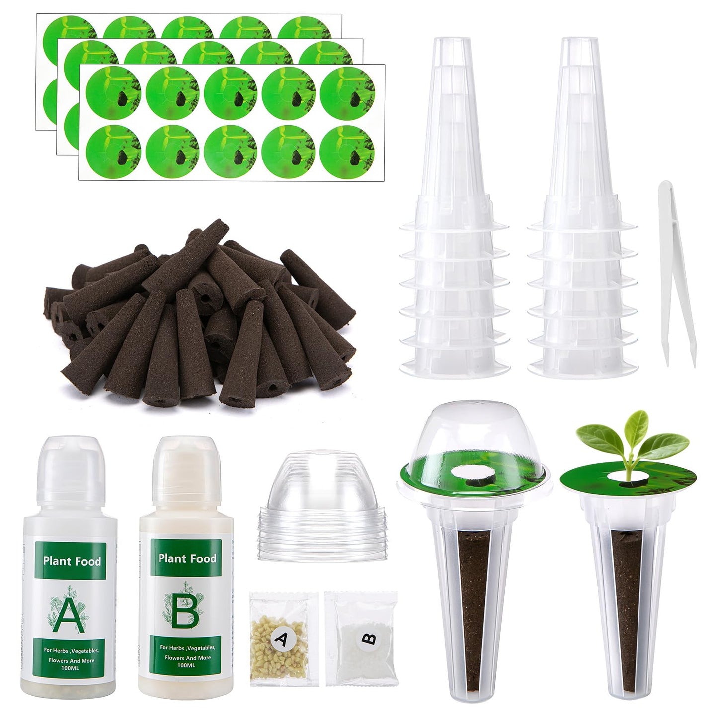 PlantaPulse 129Pcs Hydroponic Pods Kit with A&B Plant Food, 50 Grow Sponges, 50 Plant Labels, 12 Grow Baskets, 12 Grow Domes and 1 Tweezers - Indoor Hydroponics Supplies
