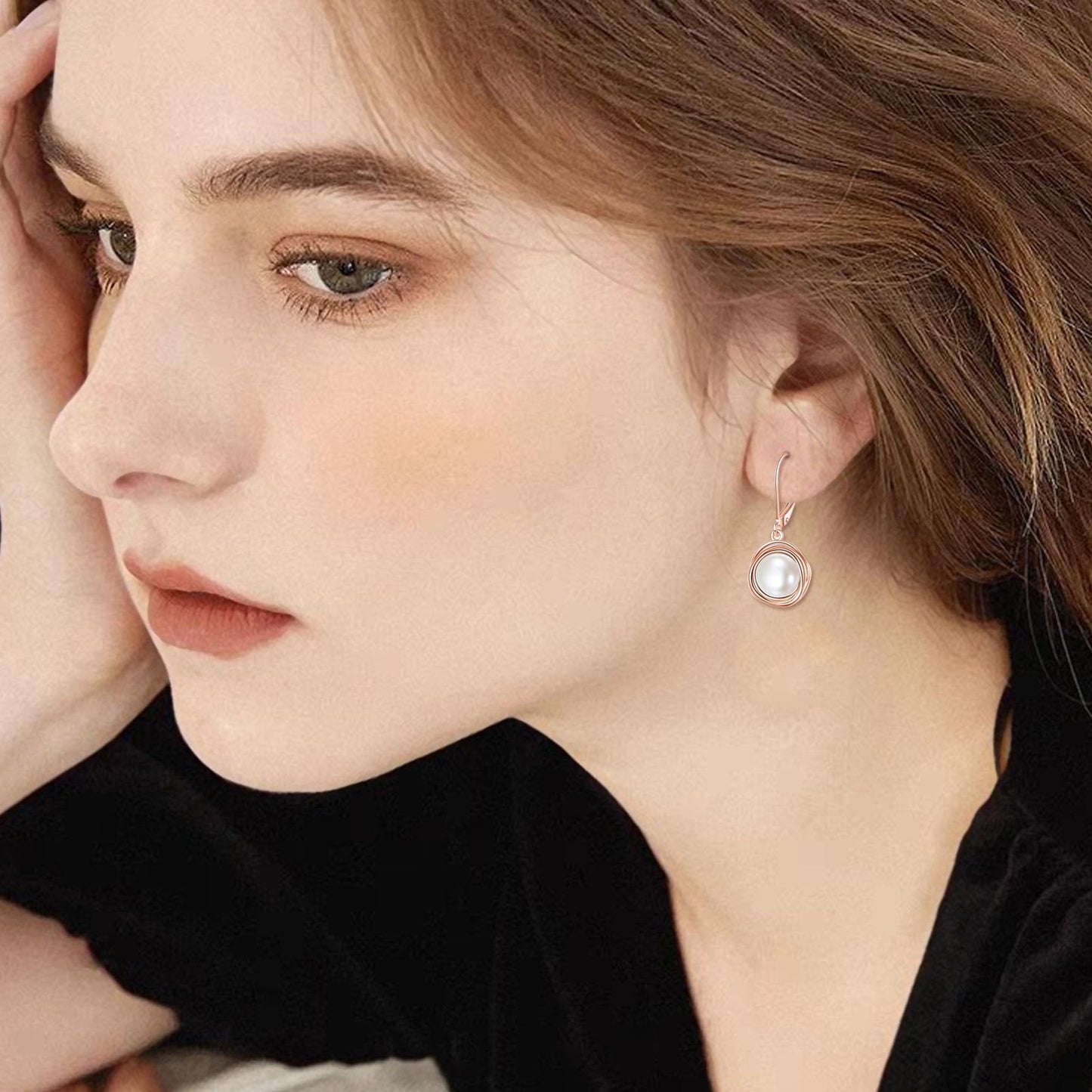POPLYKE Pearl Dangle Earrings Rose Gold Plated 925 Sterling Silver Pearl Leverback Earrings for Women Birthday Gifts Hypoallergenic