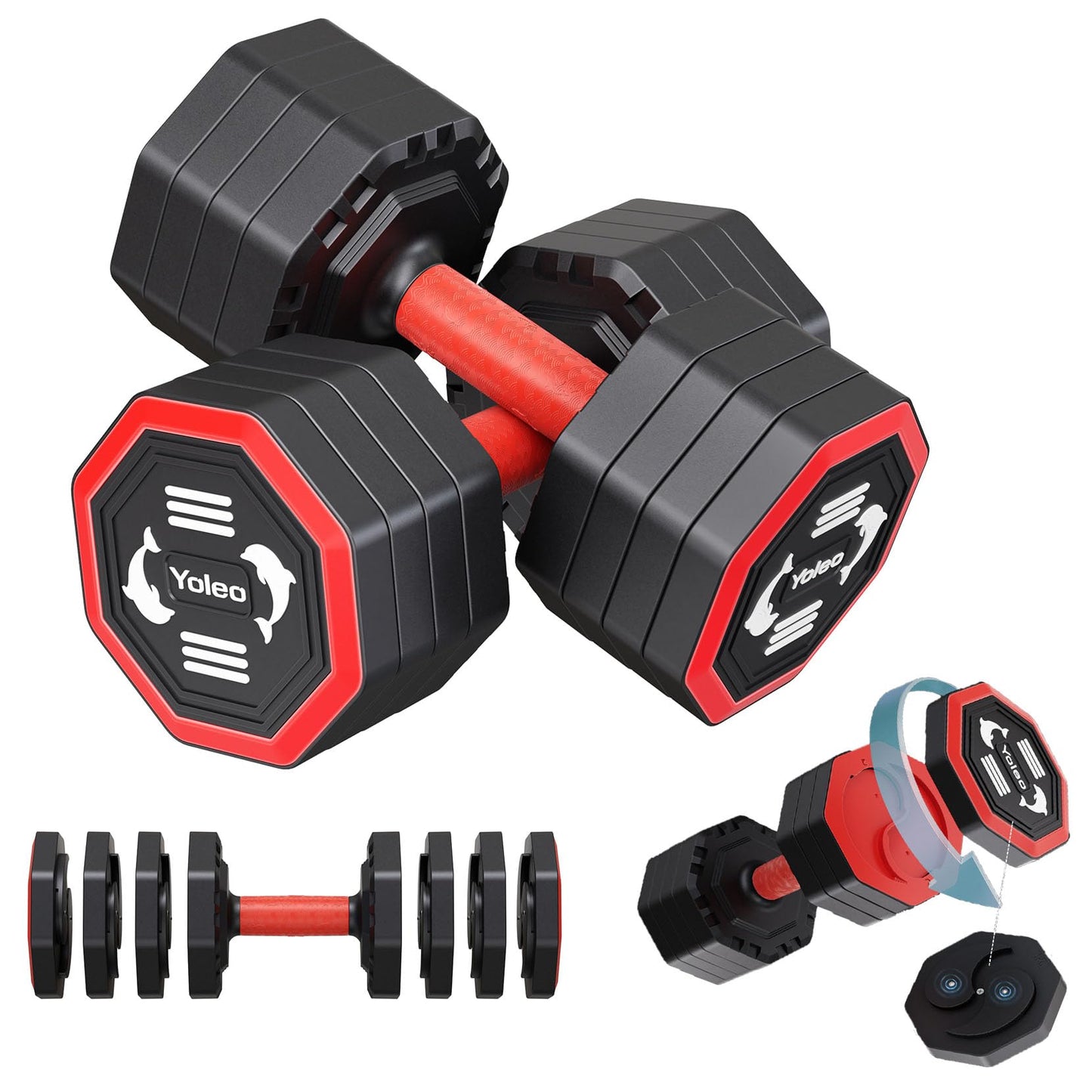 Yoleo Adjustable Dumbbell Set, Weights Dumbbells Set at Home Workout Equipment, 4 in 1 Each Premium Tai Chi-Style Rotary Mounting Adjustable 10/15/20/25 lb dumbbells, with TPU Soft Rubber Handle Suitable Men/Women Updated 2.0, 2pcs