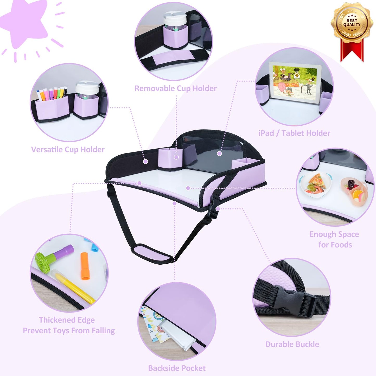 AZAMIA Kids Travel Tray for Toddler Carseat, Road Trip Activities Essentials for Toddler, Kids Lap Desk Tray with Tablet Holder Stand ＆ Dry Erase Board (Purple)