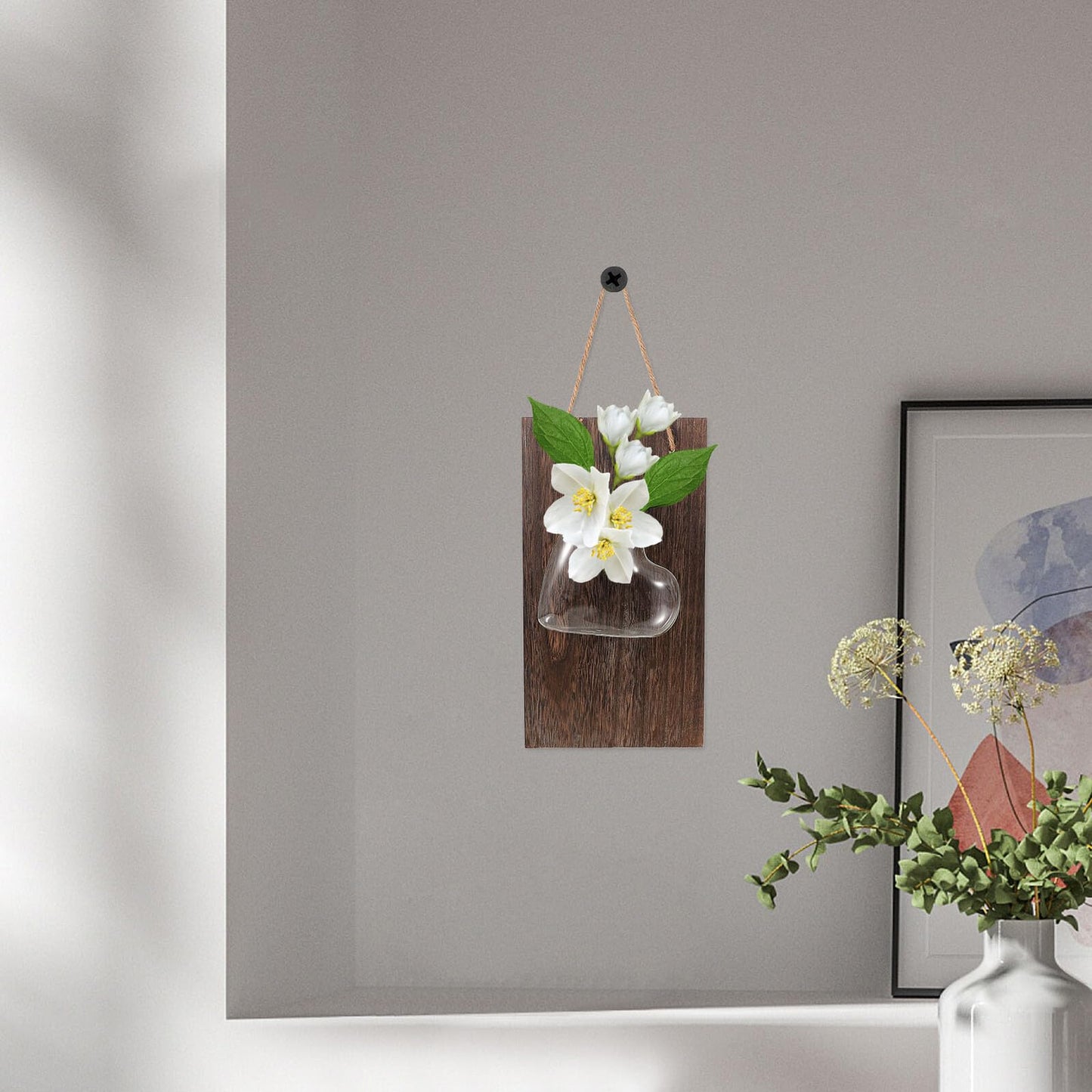 TOMETURE Wall Mounted Glass Hydroponic Flower Vase with Wooden Stand, Indoor Plant Terrarium for Home Décor and Green Plant Propagation