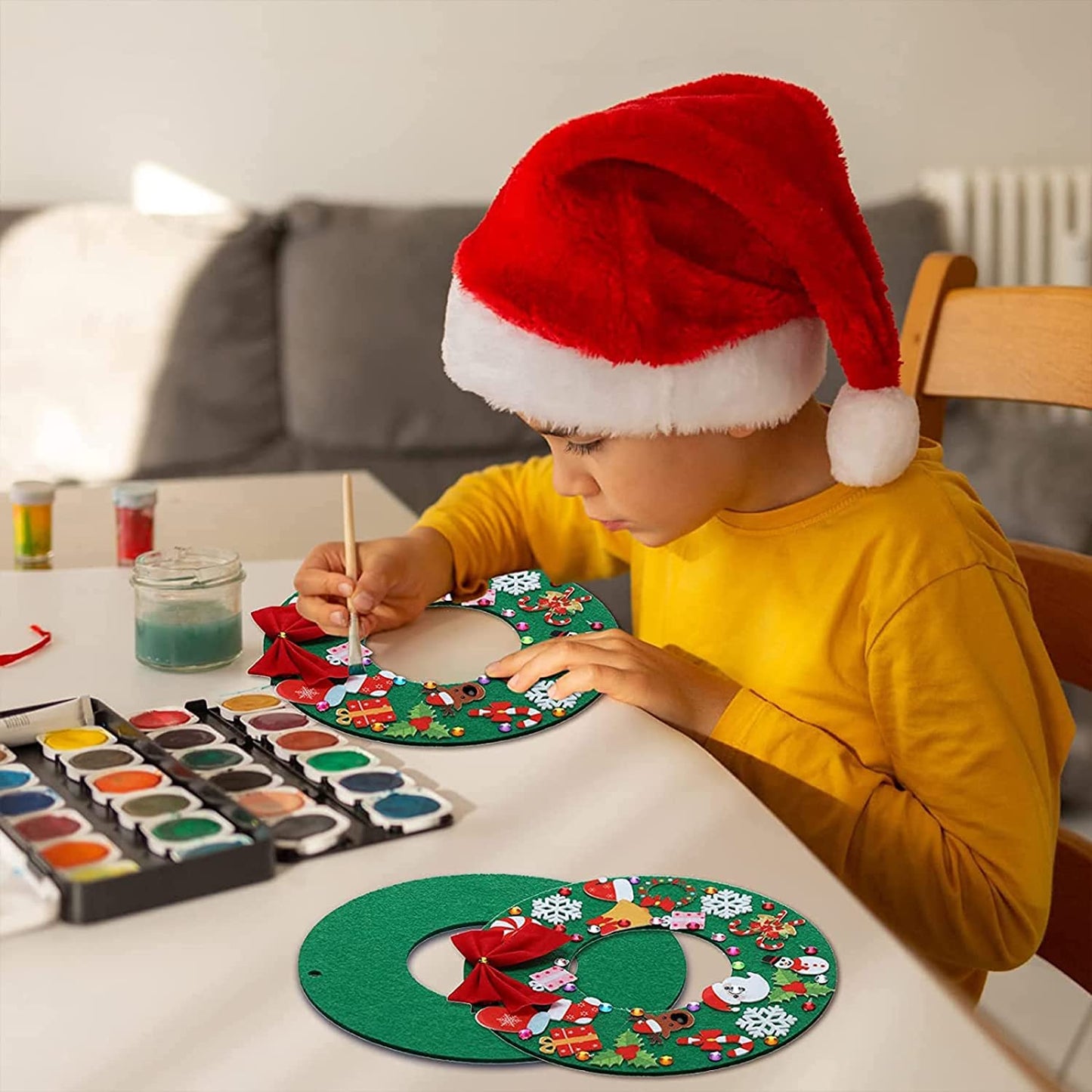 Tatuo 24 Pcs Felt Christmas Tree Wreath Decorating Craft Christmas DIY Ornaments Making Kit with 221 Self Adhesive Felt Stickers 12 Bows and 5 Gem Stickers (Donut Style)